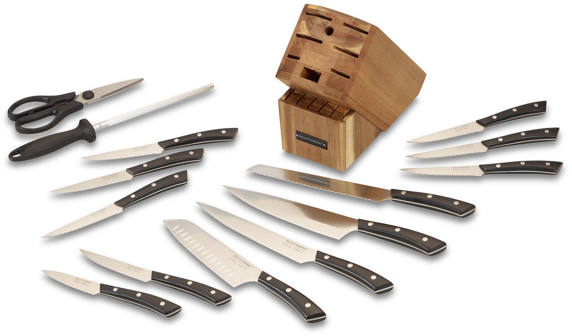 ECHTWERK Messerblock Premium (15tlg), aus Akazienholz mit Gummifüßen, Messer Set aus Klingenstahl, 15tlg