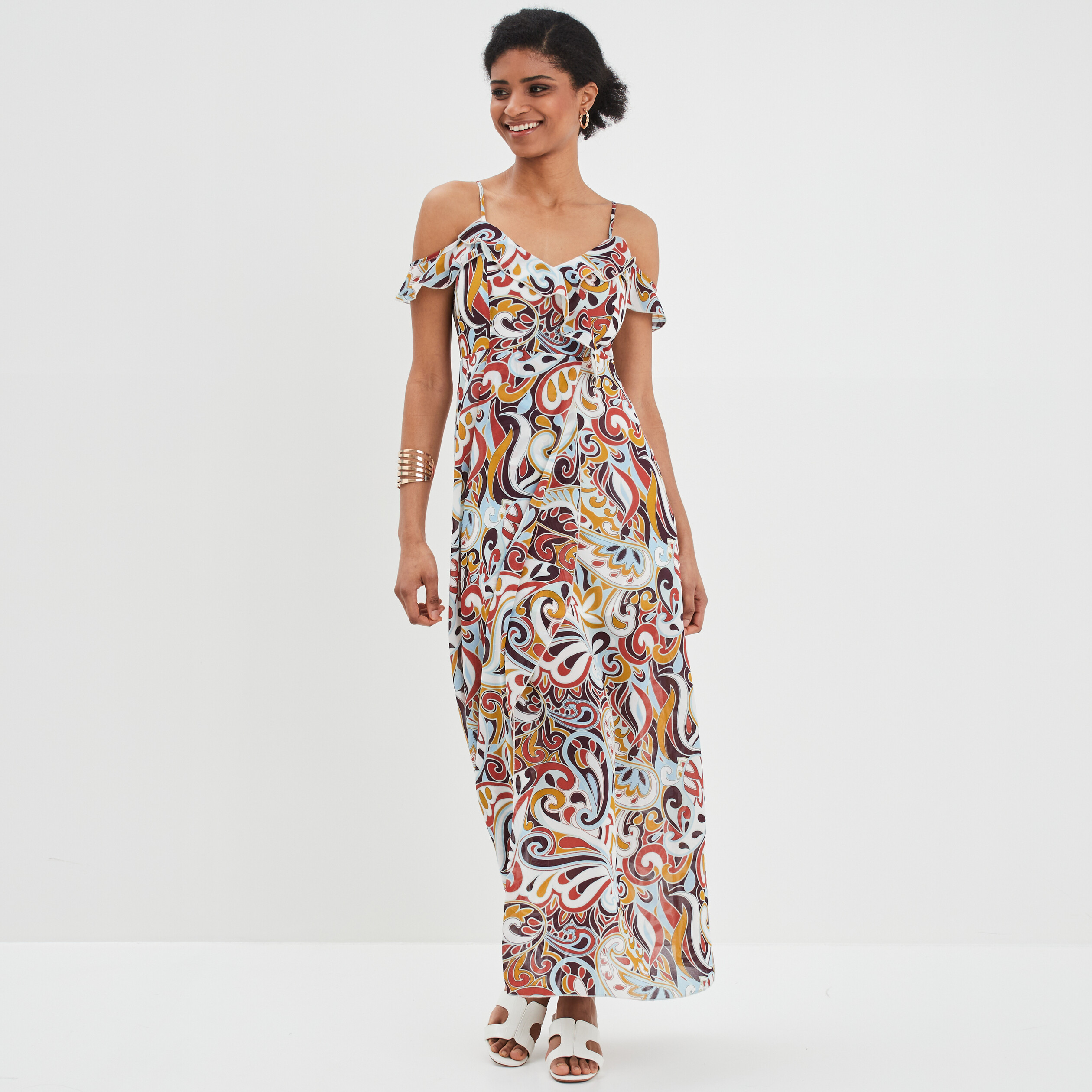 Robe longue évasée satinée à volants noir femme | La Halle