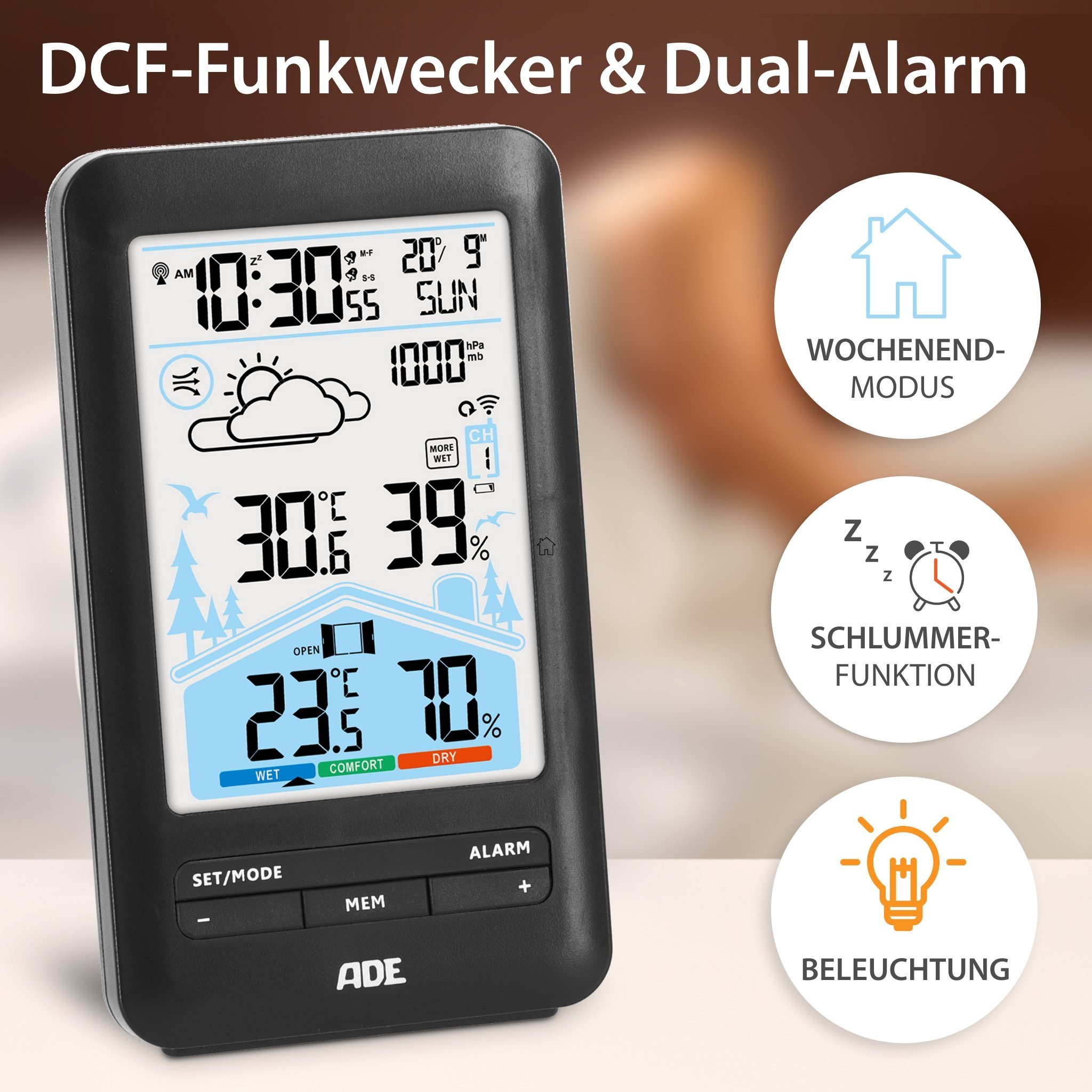 ADE Wetterstation mit Vorhersage und Lüftungsempfehlung Funkwetterstation (mit Außensensor, animierte Wettervorhersage, Wecker mit 2 Weckzeiten, Kalender)
