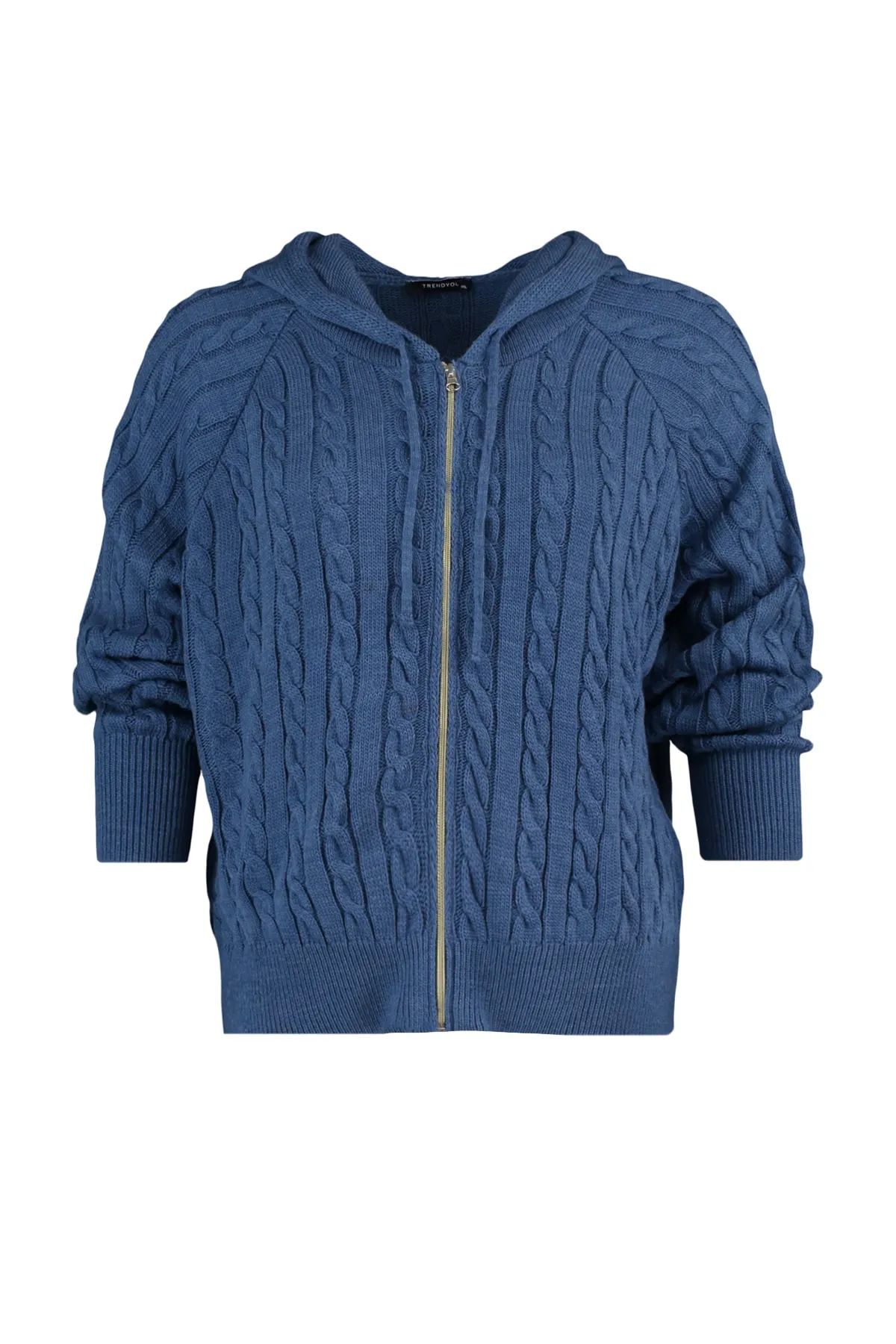 Trendyol Curve  Indigofarbener Strick-Cardigan mit Kapuze und Reißverschluss TBBAW23AV00051