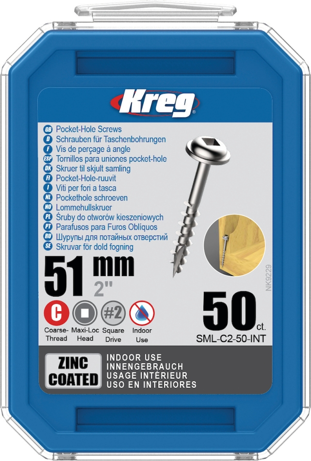 Șuruburi Kreg SML-C2-50-INT Pocket-Hole 51 mm galvanizate Maxi-Loc cu filet grosier 50 bucăți