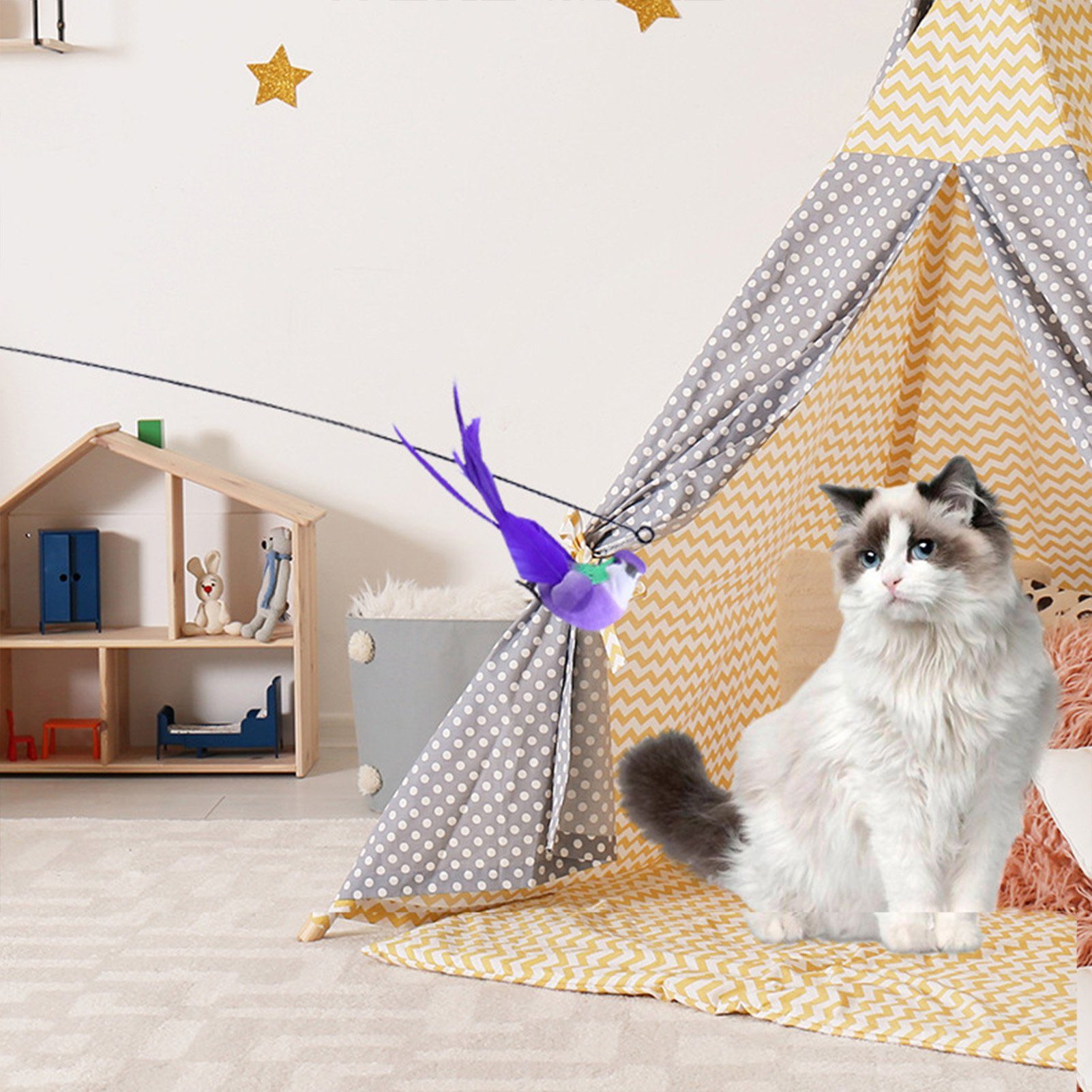 Rutaqian Tier-Intelligenzspielzeug Katzenstab Spielzeug Mit Federn für Katzen Federspielzeug Mit Saugnap, Interaktives Katzenspielzeug Angel mit Feder,Zufällige Farbe