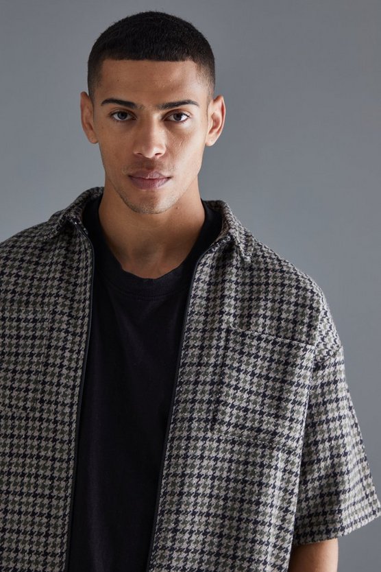 Kurzärmliges kastiges Oversize Jacquard-Hemd