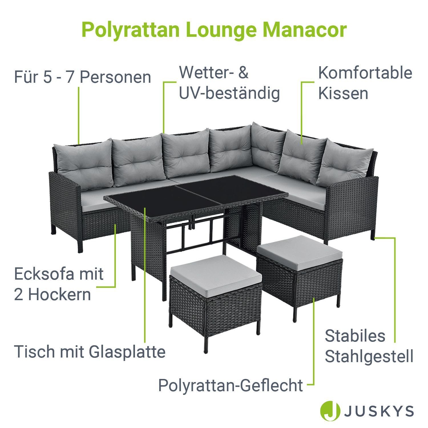 Juskys Gartenlounge-Set Manacor, (Gartenlounge), Polyrattan Gartenmöbel-Set mit Garten-Sofa, Garten-Tisch und 2 Hocker