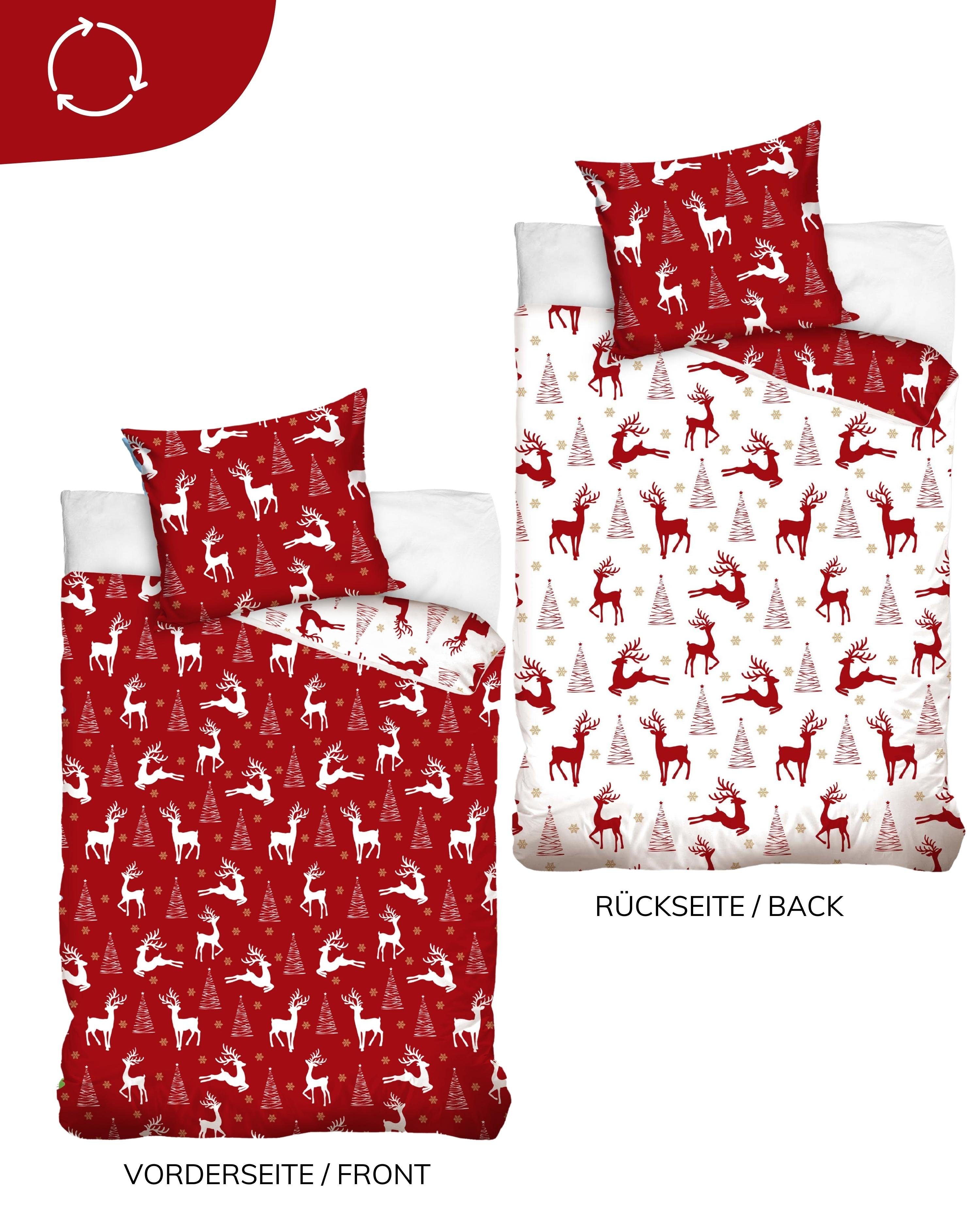 Bettwäsche Weihnachten Rentier & Tannenbaum, angenehm & weich, MTOnlinehandel, Microfaser, 2 teilig, winterliches Motiv, Christmas Time für Kinder, Teenager, Erwachsene