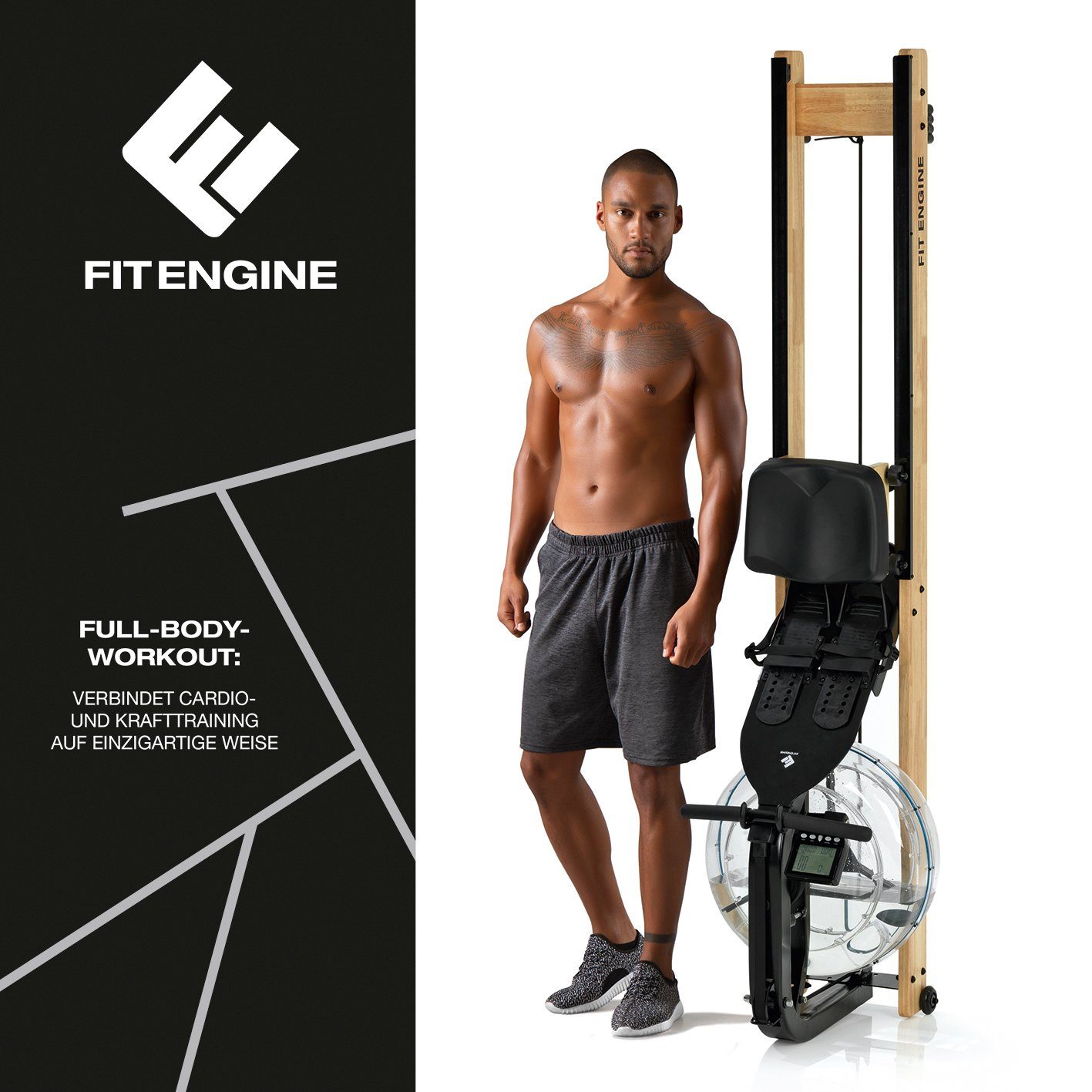 FitEngine Rudergerät Wasserwiderstand 210cm Echtholz LCD-Display, regulierbarer Widerstand