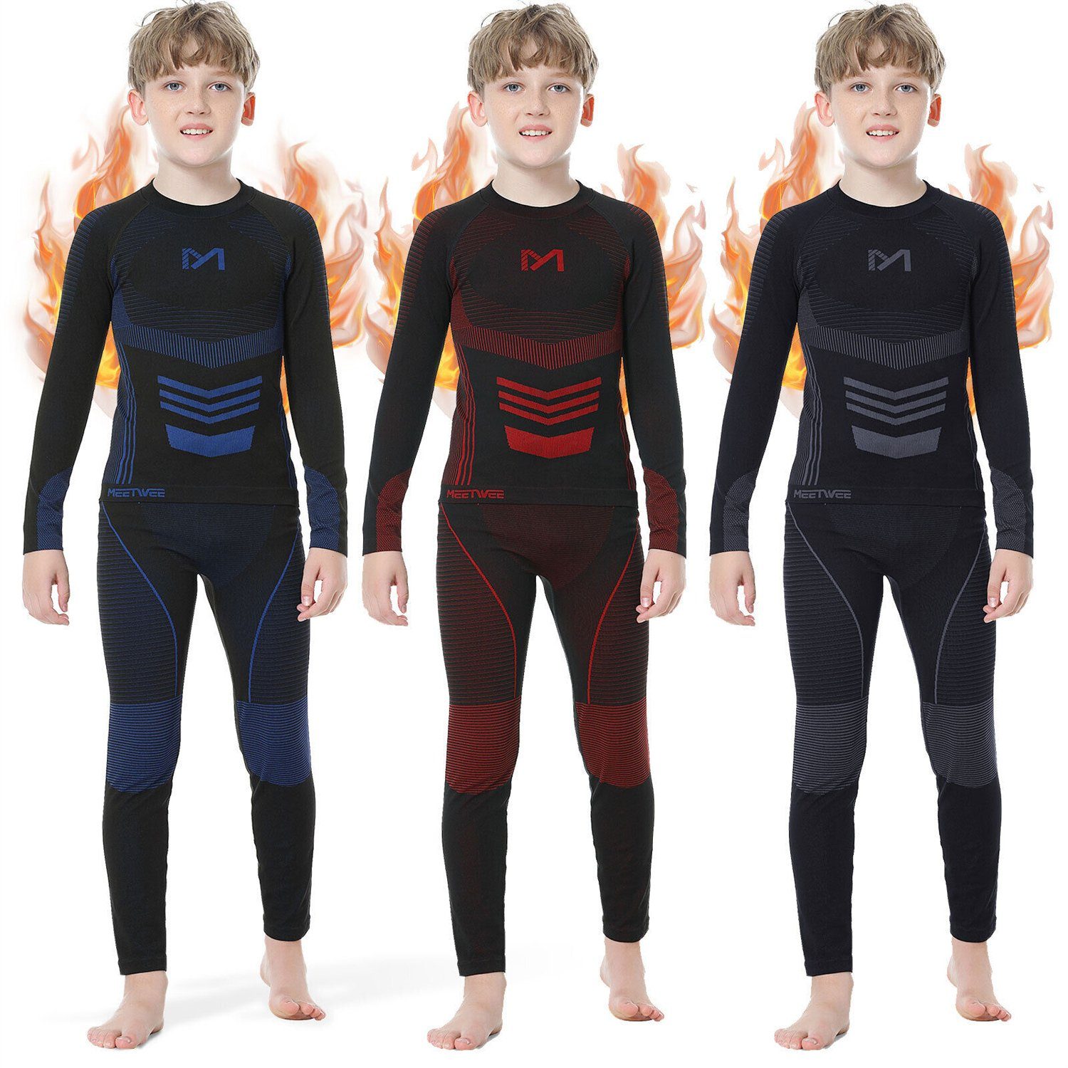 MEETYOO Thermounterhemd Kinder Thermo Unterwäsche Set (Sport Funktionswäsche Unterhemd + Unterhose, Fleece Skiunterwäsche) Wandern, Snowboarden, Radfahren, Laufen und Skifahren