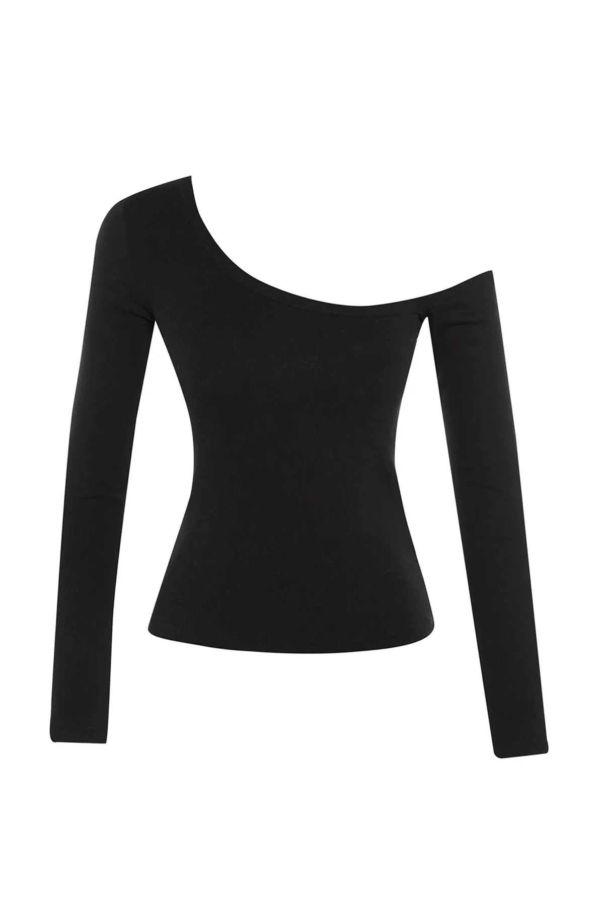 Trendyol Collection  Schwarze, figurbetonte, schulterfreie Strickbluse aus Cord-Baumwolle mit Stretch-Anteil TWOAW23BZ00475
