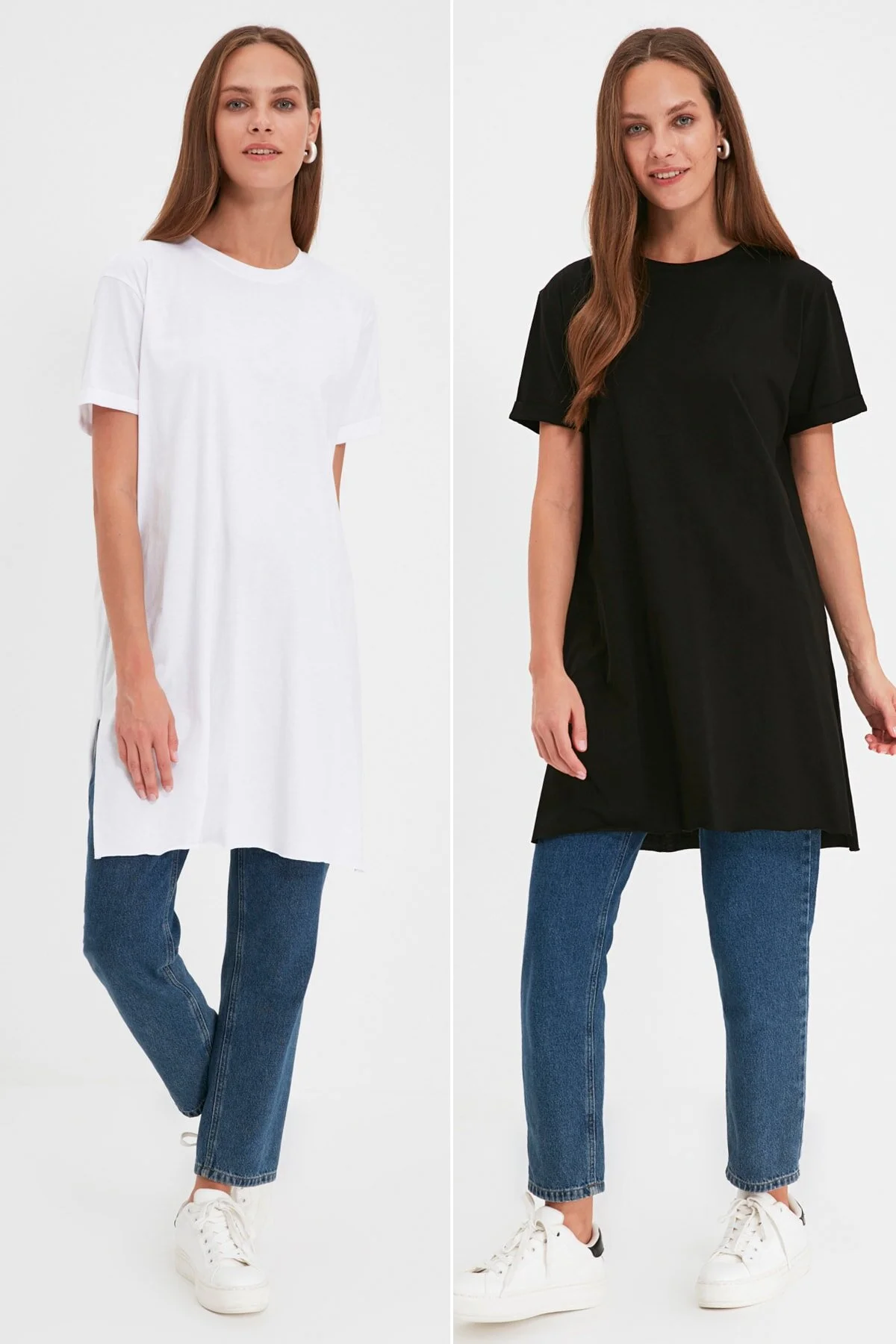 Trendyol Modest  Schwarz-weißes 2er-Pack kurzärmliges Basic-Strick-T-Shirt mit Schlitz und detailliertem Rundhalsausschnitt TCTSS21UK0009