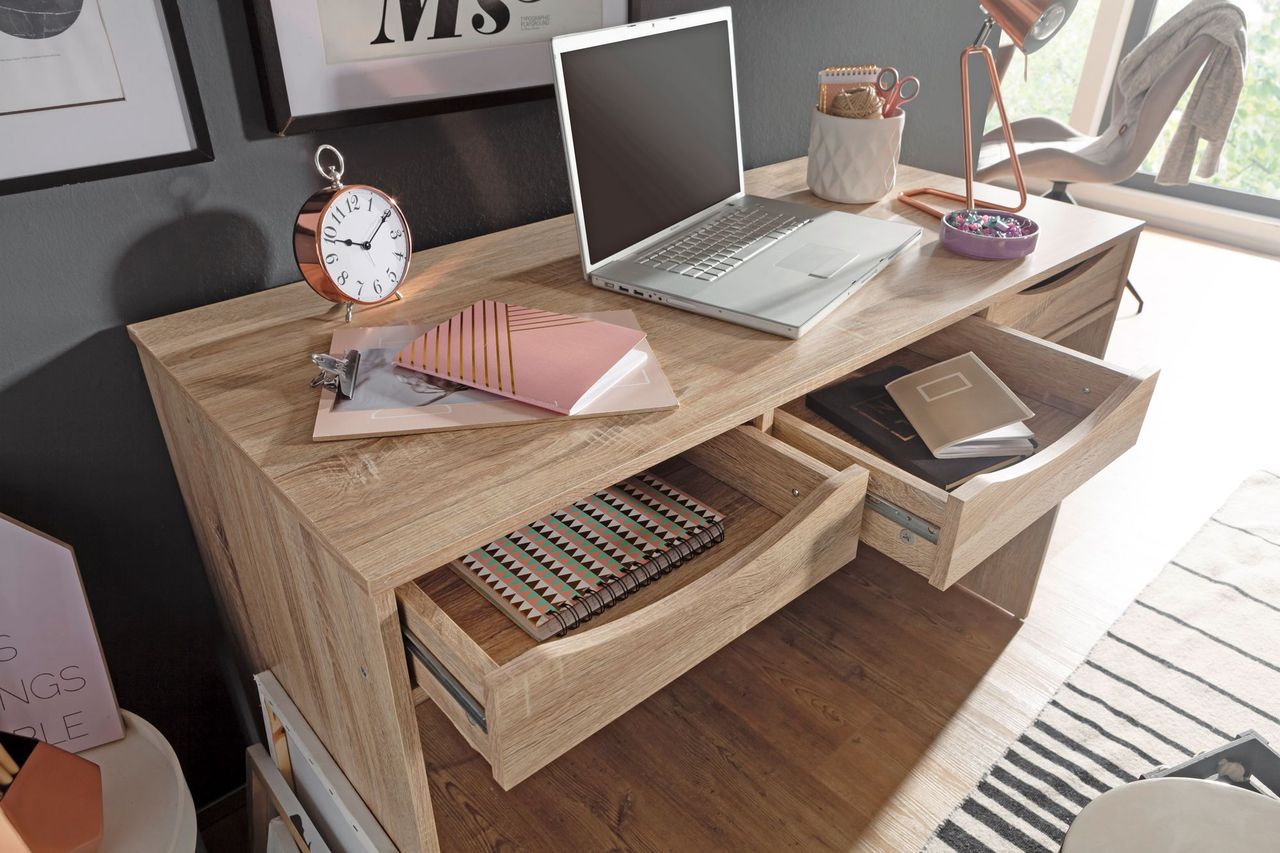 Wohnling Schreibtisch 120 cm Design Bürotisch Sonoma Eiche modern Jugendschreibtisch 3 Schubladen & Stauraum platzsparend