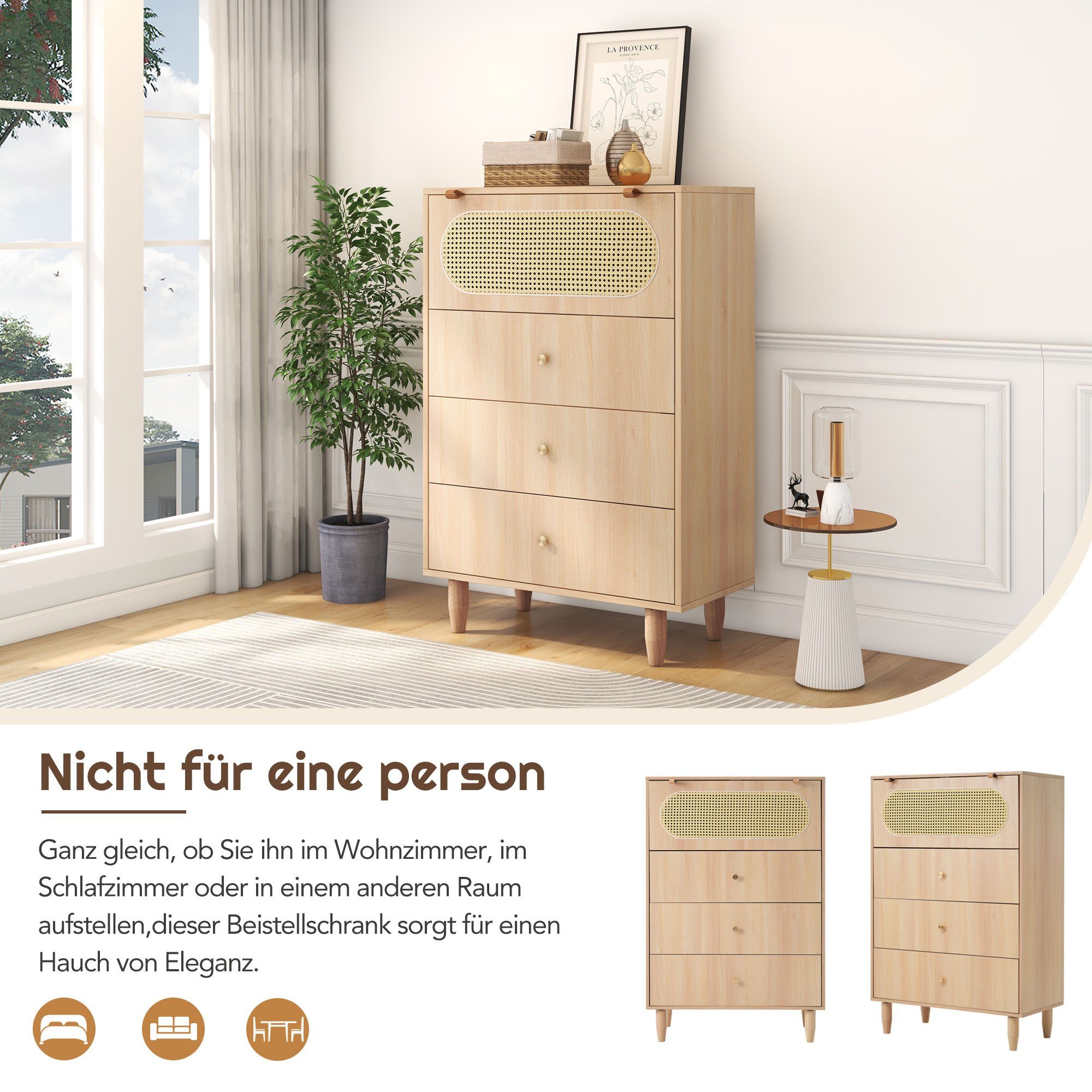 Merax Highboard, mit Rattantür und 3 Schubladen, Sideboard, Kommode, 120cm Hoch