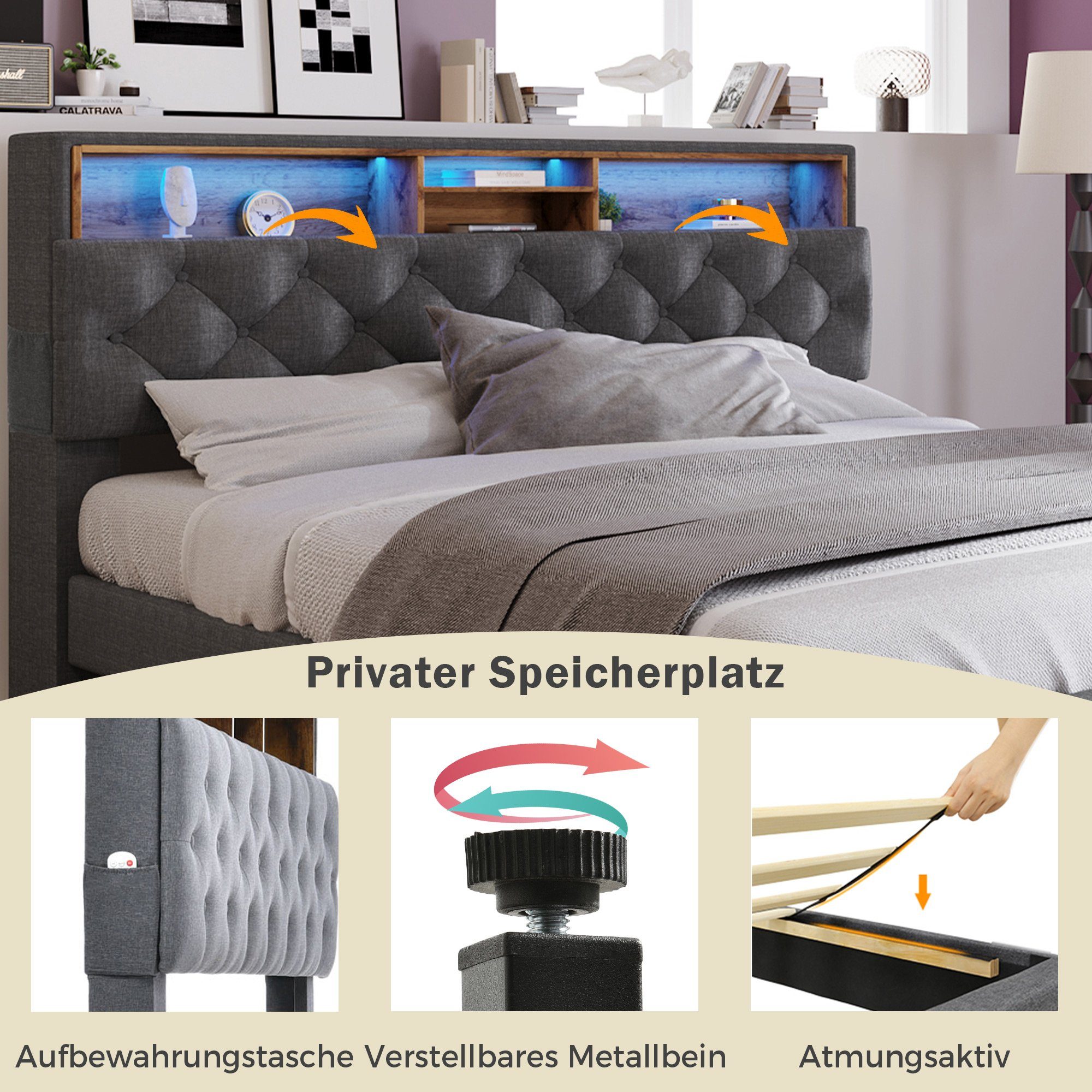 Flieks Polsterbett, LED-Beleuchtung Doppelbett mit Stauraum 140x200cm Leinen