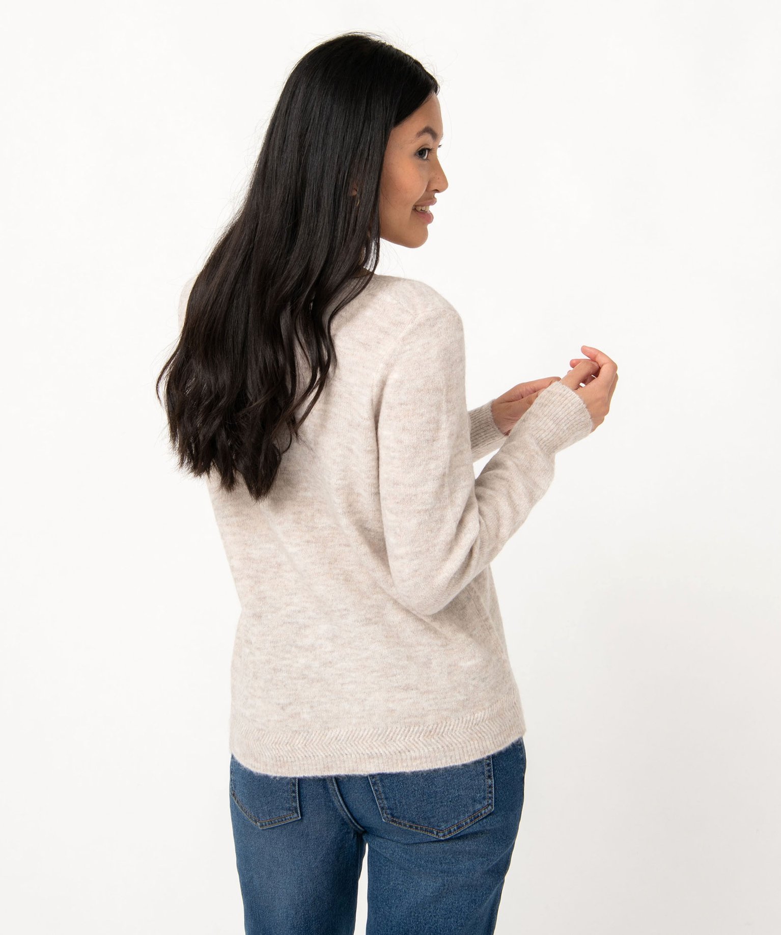 Pull femme à grand col V fantaisie ecru | GEMO