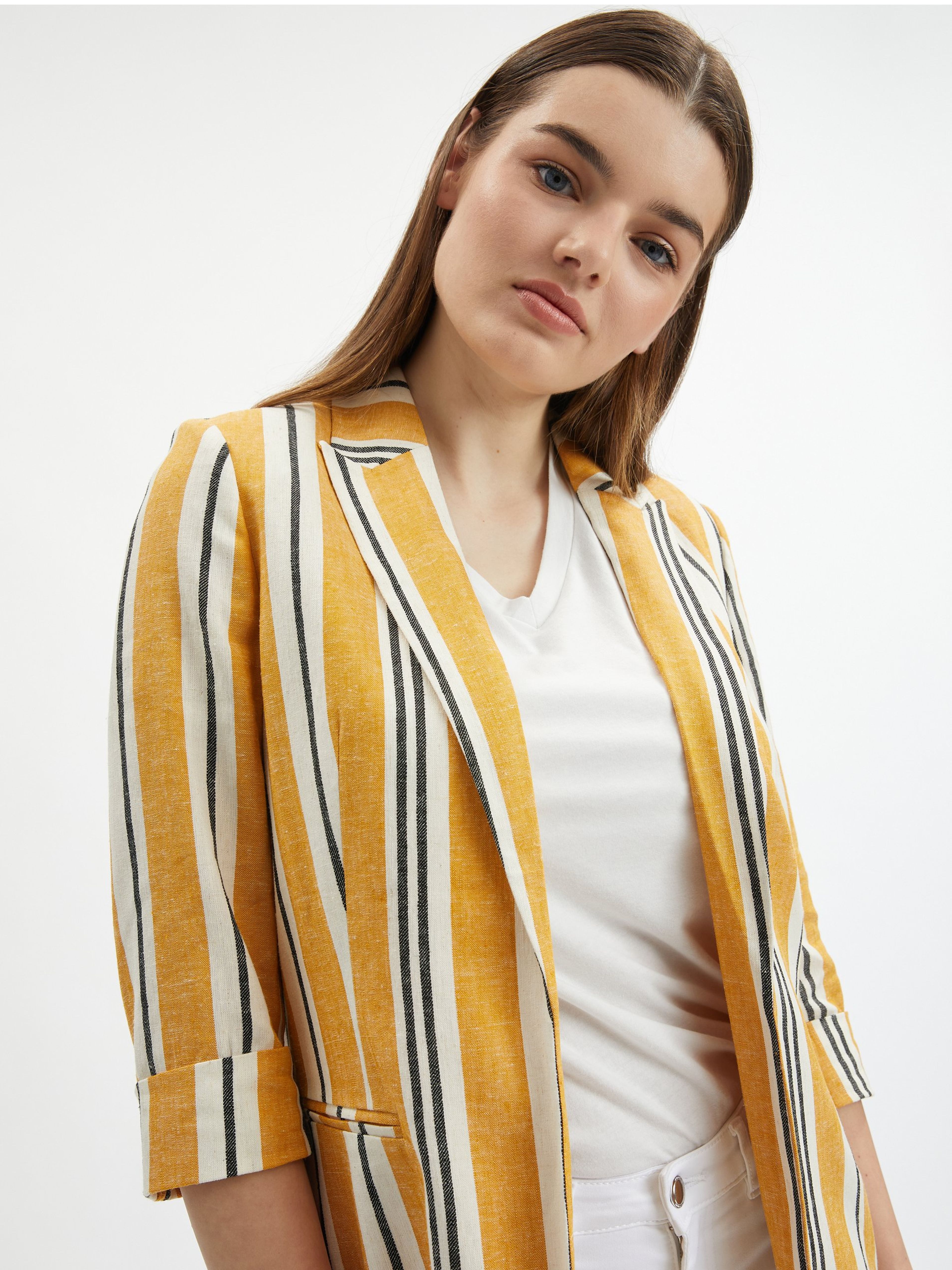 Orangefarbene gestreifte Damen-Leinenjacke ORSAY