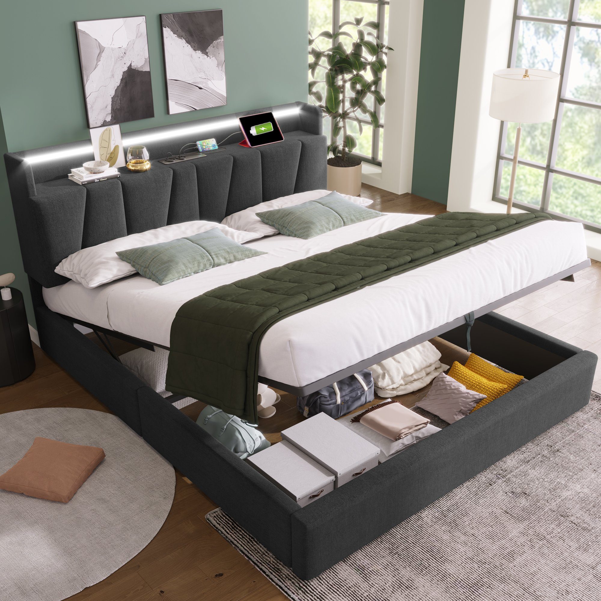 OKWISH Polsterbett Doppelbett (mit aufladen USB Ladefunktion Stauraum-Kopfteil, LED-Beleuchtung), 160x200cm Ohne-Matratze Stauraumbetten Bettgestell