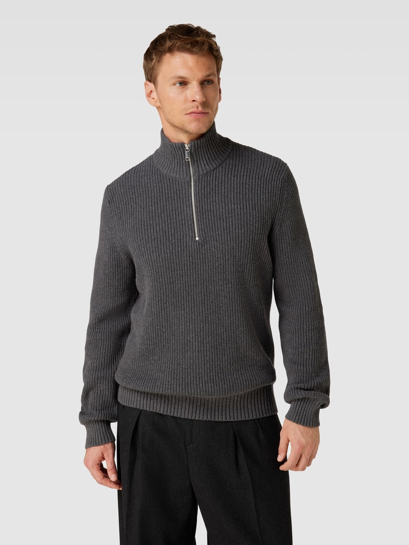 Strickpullover mit Stehkragen in dunkelgrau meliert