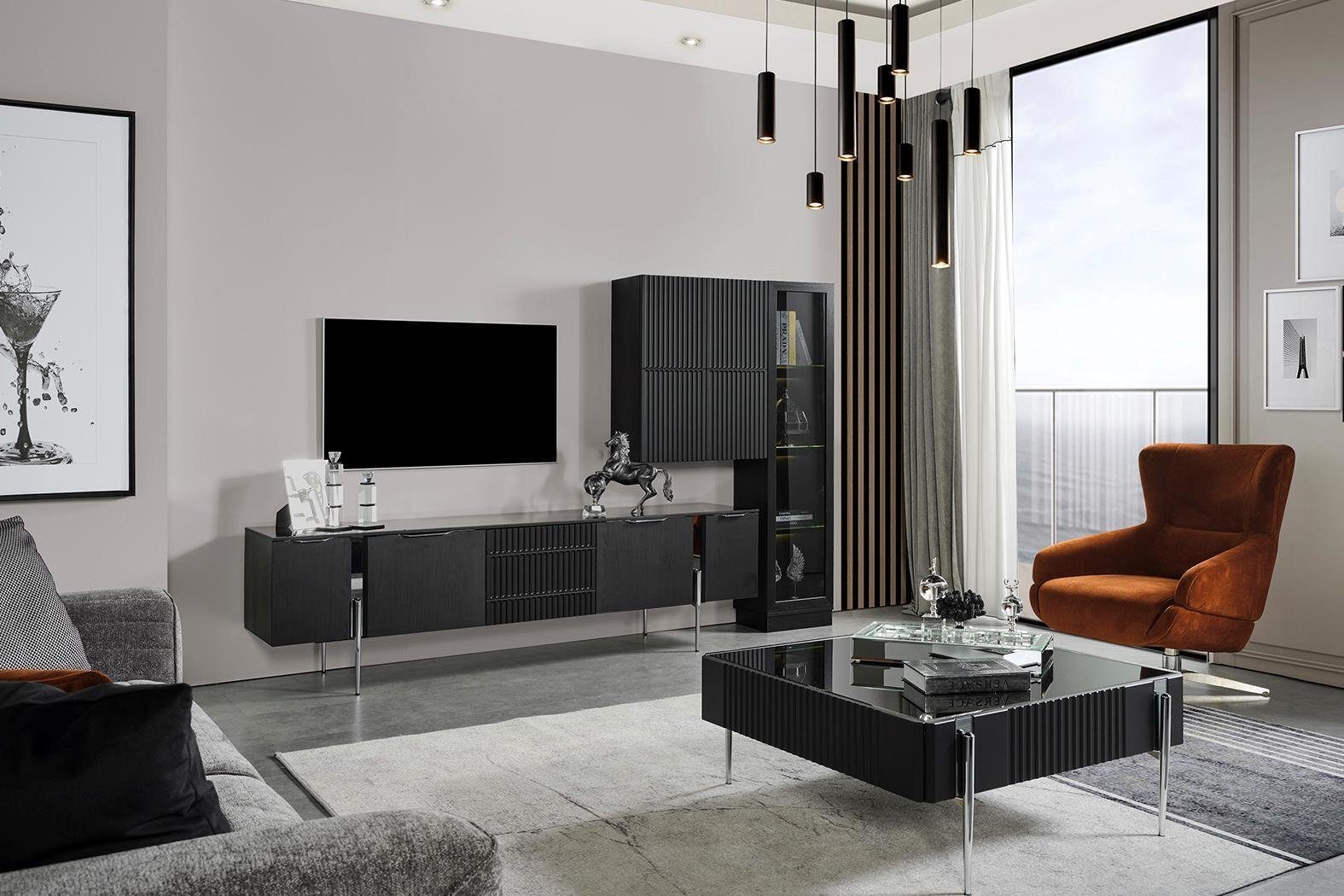JVmoebel Wohnwand Schwarzer TV-Ständer Designer Wohnzimmer Möbel Luxus Wandschrank 3tlg, (1-St., Vitrine, TV Ständer, Wandschrank), Made in Europa