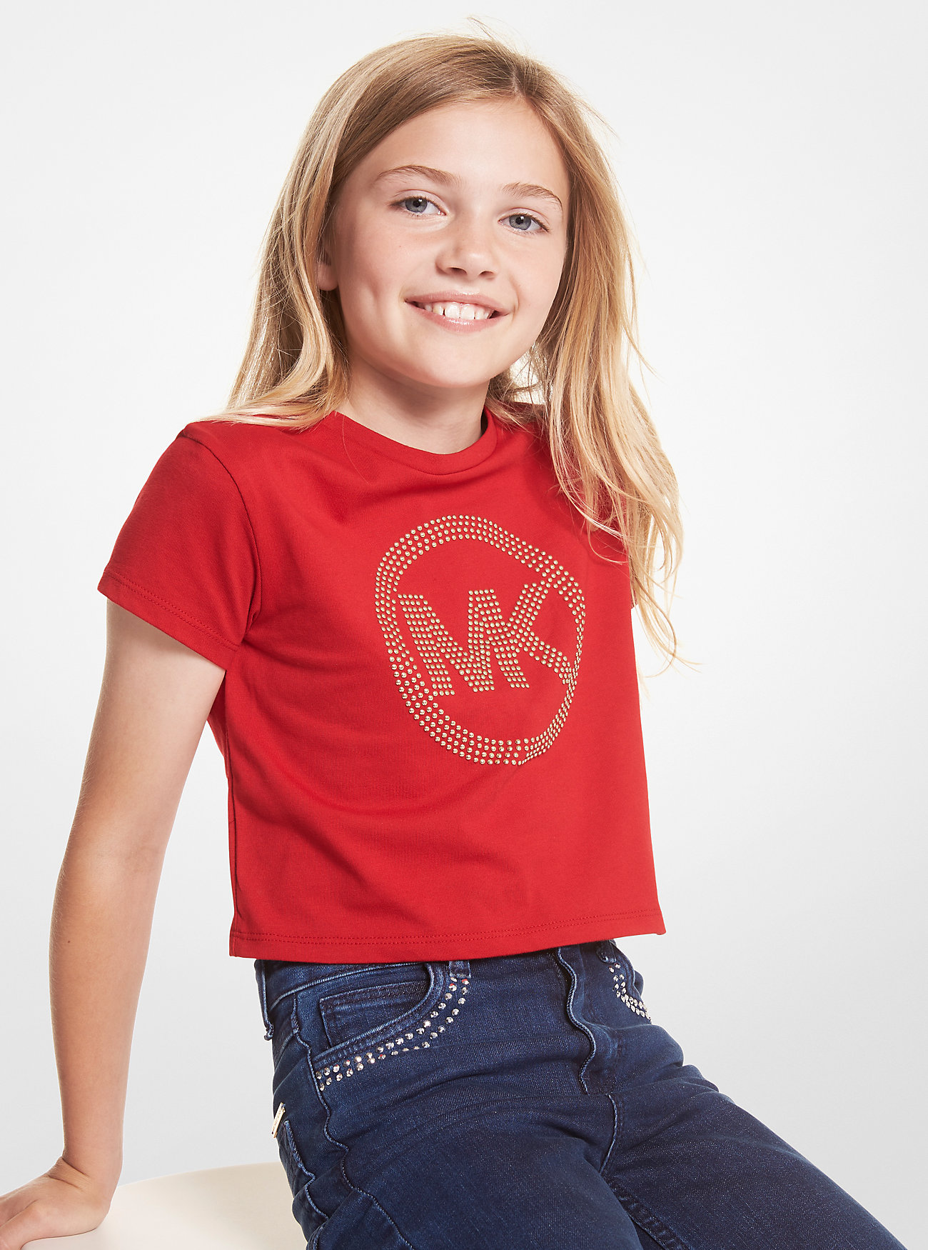 Studded Logo Cotton T-Shirt - RED