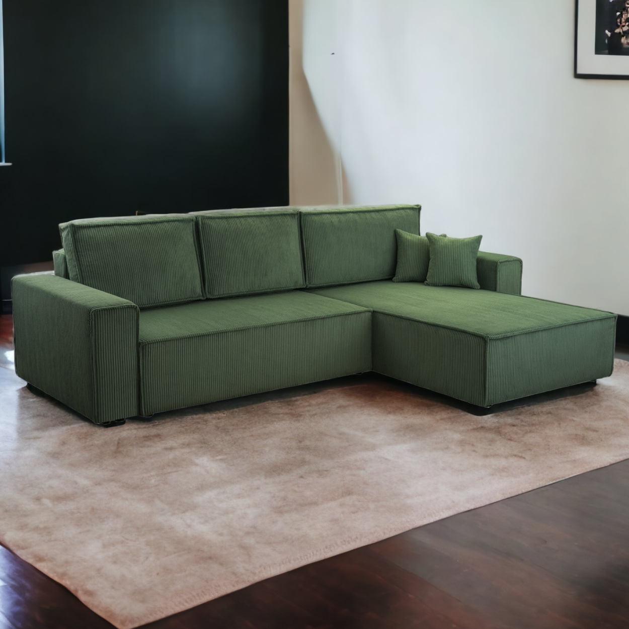 Möbel Punkt Wohnlandschaft Ecksofa Dark Green Genf Cord XL mit Bett Kopfteilverstellung Bett Sofa Schlafsofa Ottomane rechts links universell