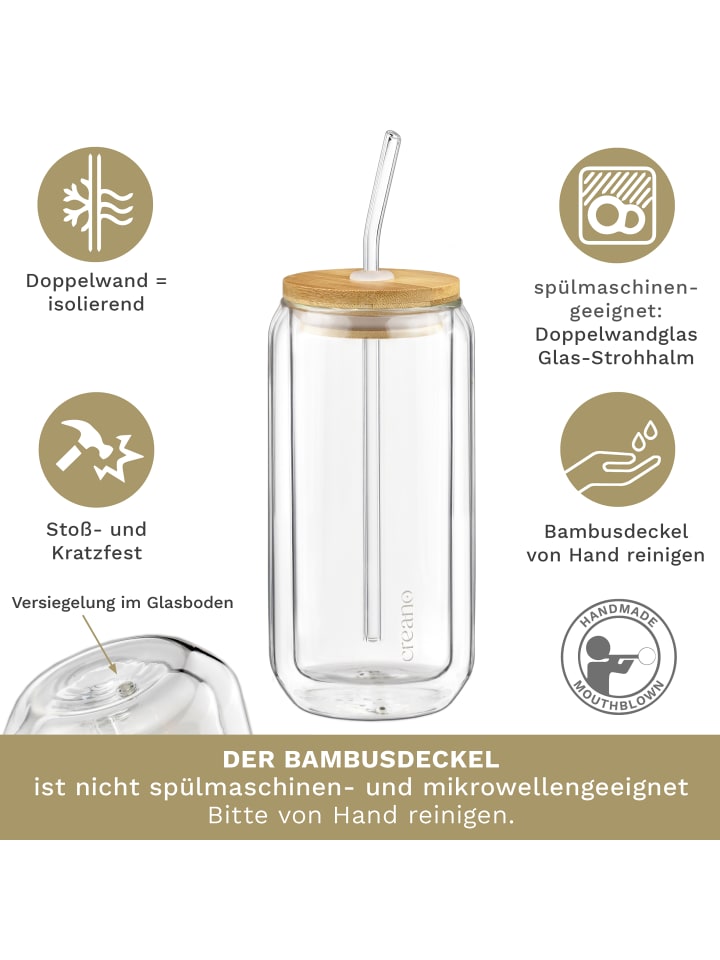 Creano 2 Thermogläser mit Glastrinkhalm und Bambusdeckel 360ml günstig kaufen 360ml