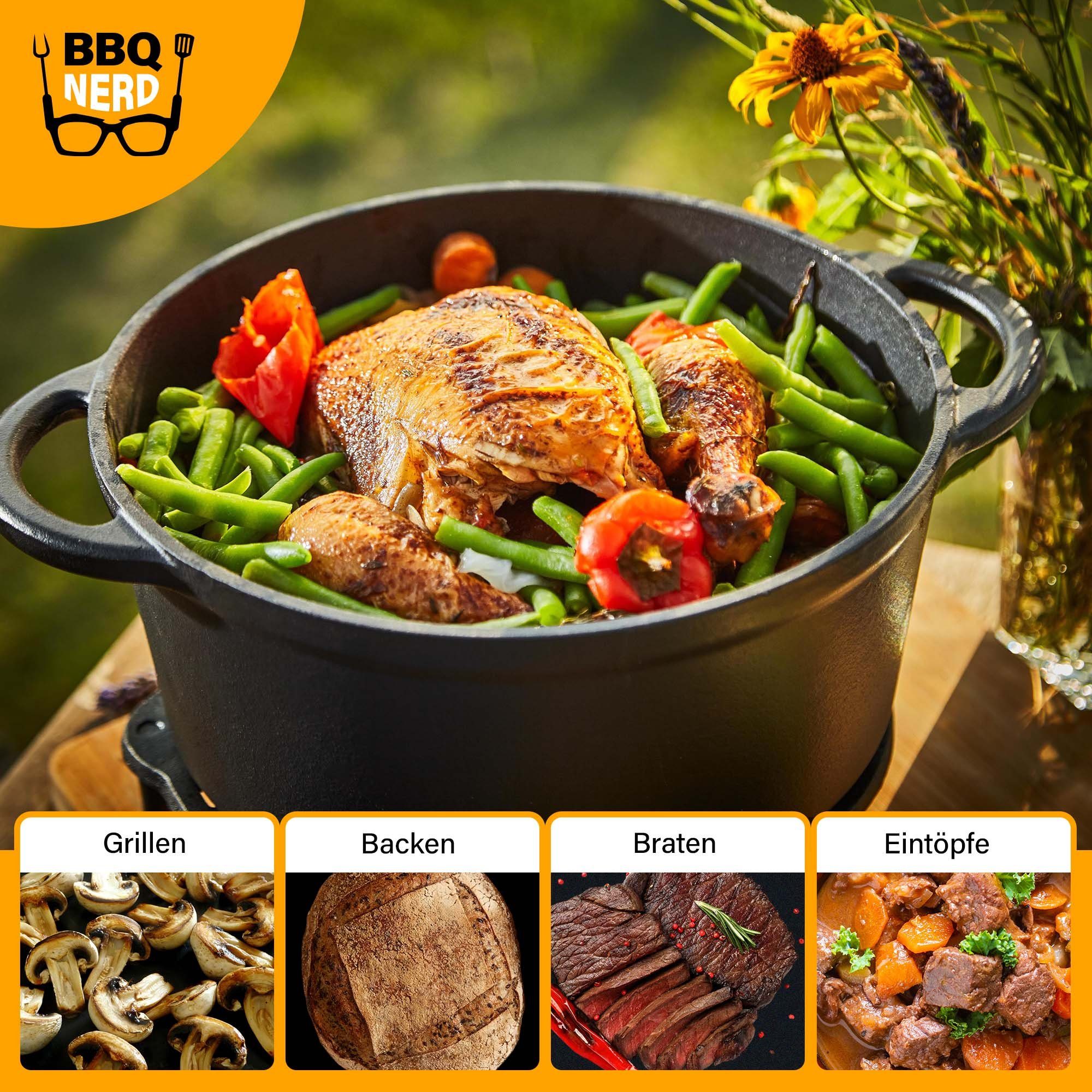 BBQ Nerd Bräter, Gusseisen, Bräter Deckel Bratentopf Kochtopf Gusseisentopf