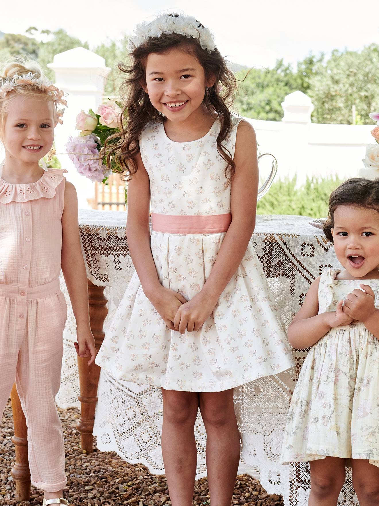 Robe de cérémonie fille motifs fleurs écru