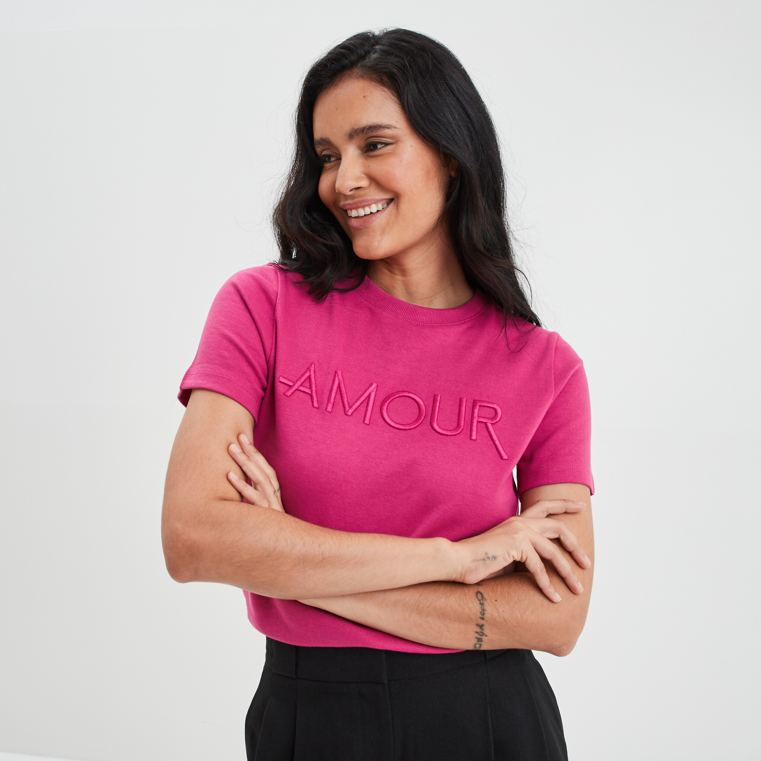 T-shirt droit manches courtes rose fushia femme | La Halle