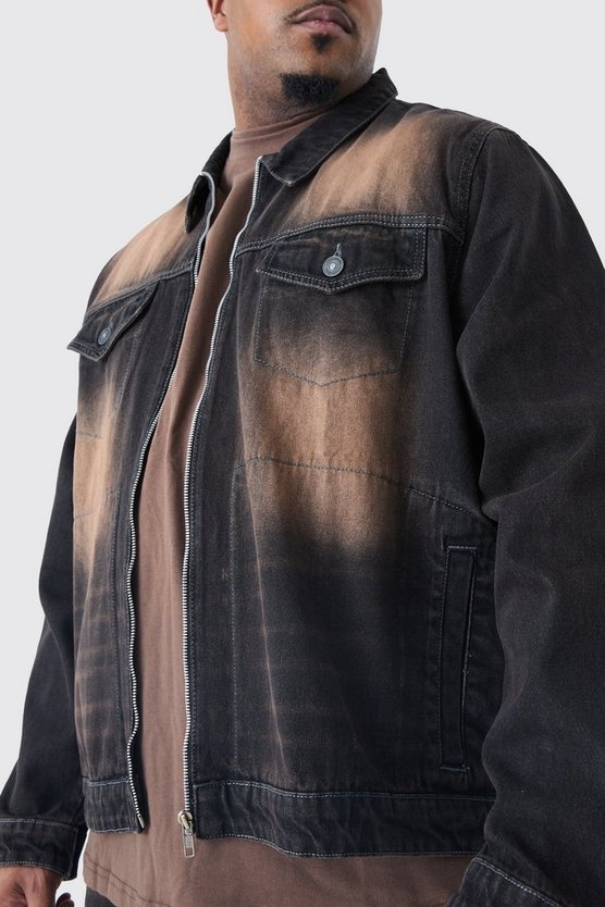 Plus Zip Through Washed Denim Jacket