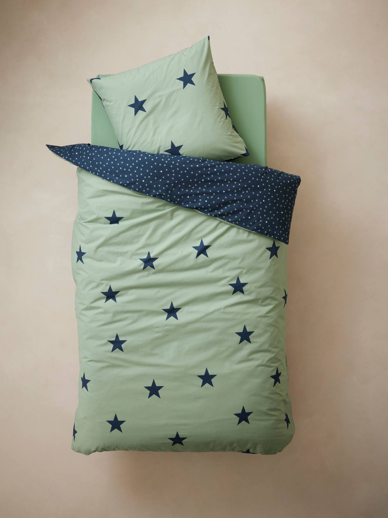 Vertbaudet Kinder Bettwäsche-Set DREAM BIG Oeko-Tex - khaki/marine sterne