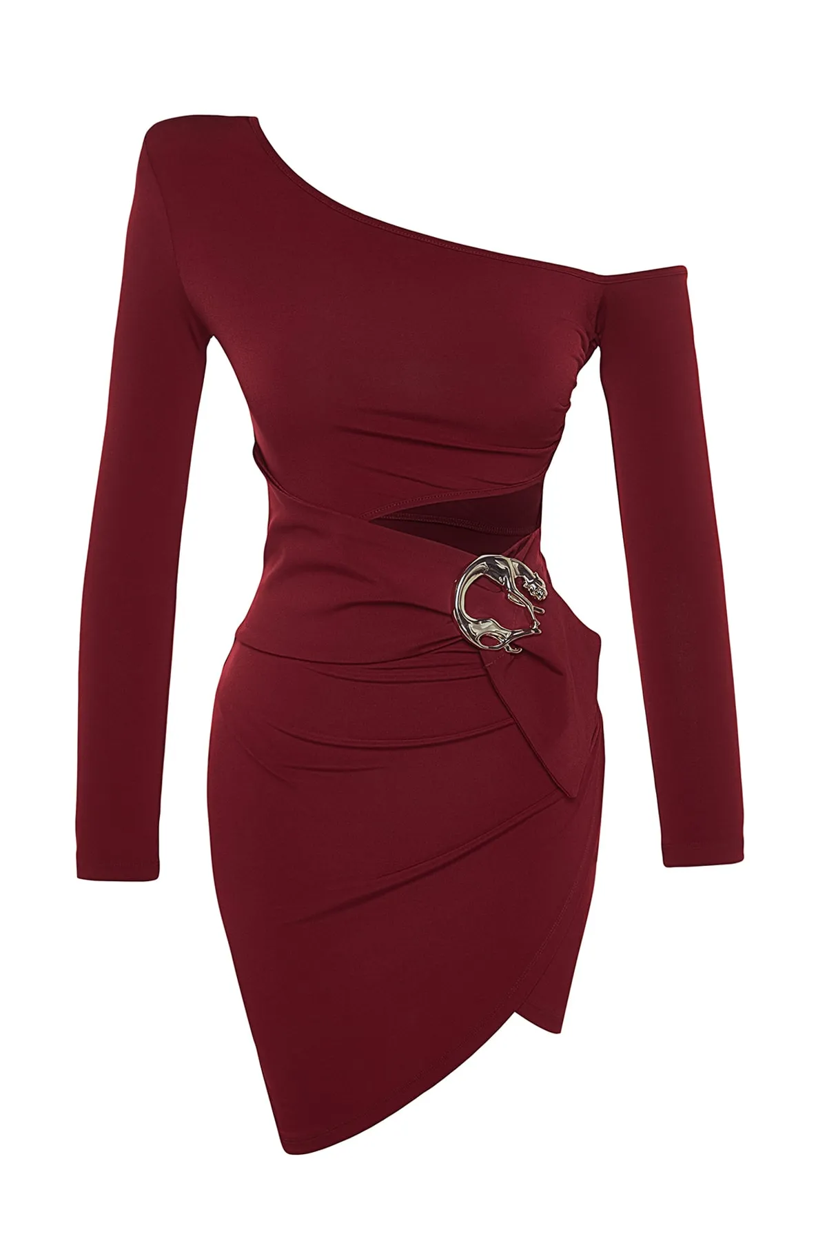 Trendyol Collection  X Zeynep Tosun Claret Red One-Shoulder-Kleid mit Details TPRAW23EL00403