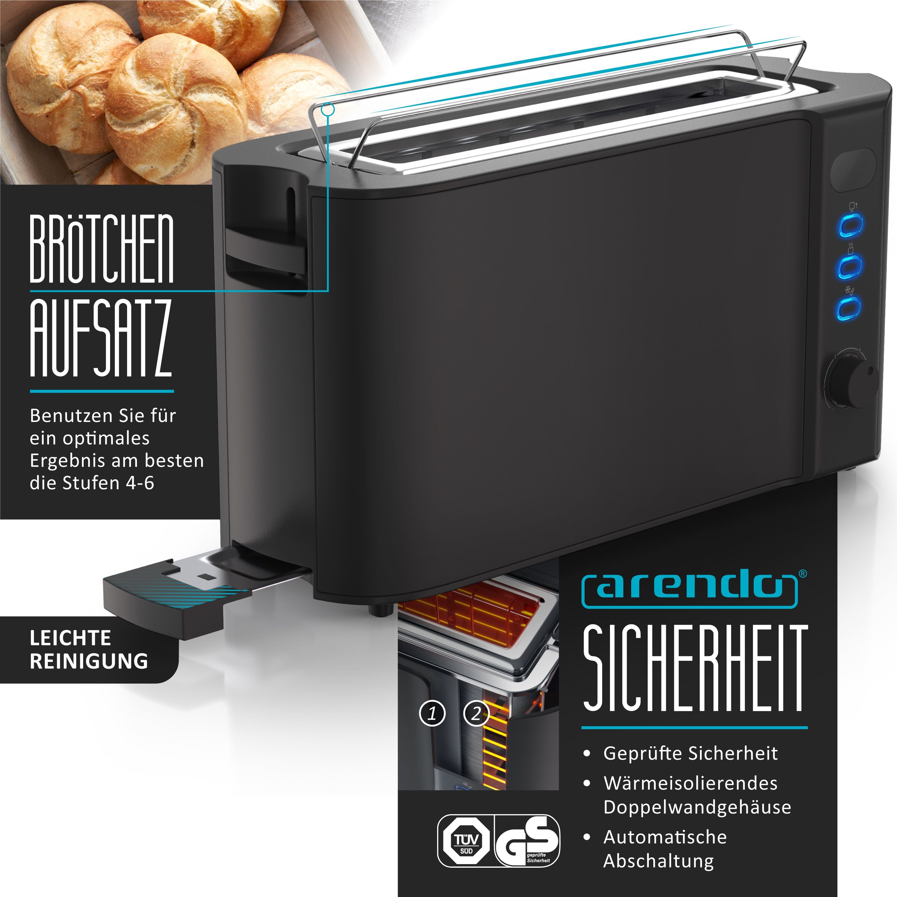 Arendo Frühstücks-Set (2-tlg), 2-Scheiben Langschlitz Toaster, 6er Eierkocher, Schwarz