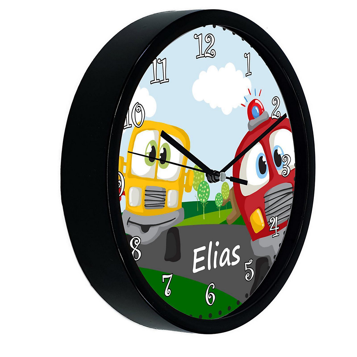 Kinder Wanduhr personalisiert mit Name Auto-Cartoon