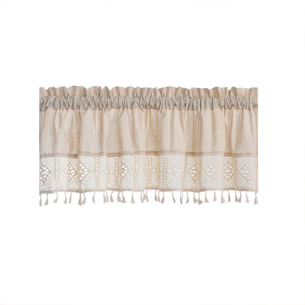 Scheibengardine Gardine Küche mit Häkeln Spitze mitQuasten 1 Stück 132*46cm, FELIXLEO