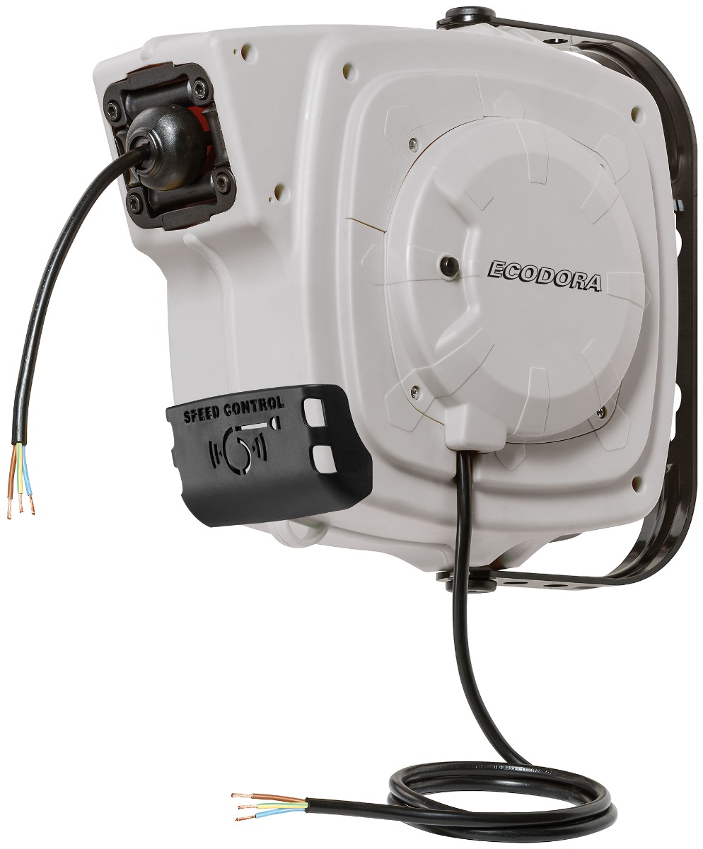 Cable eléctrico Ecodora 0E2325F de 9+1 m, enrollable en carrete de pared, 3G x 2,5 H05 con control de velocidad (sin enchufe).