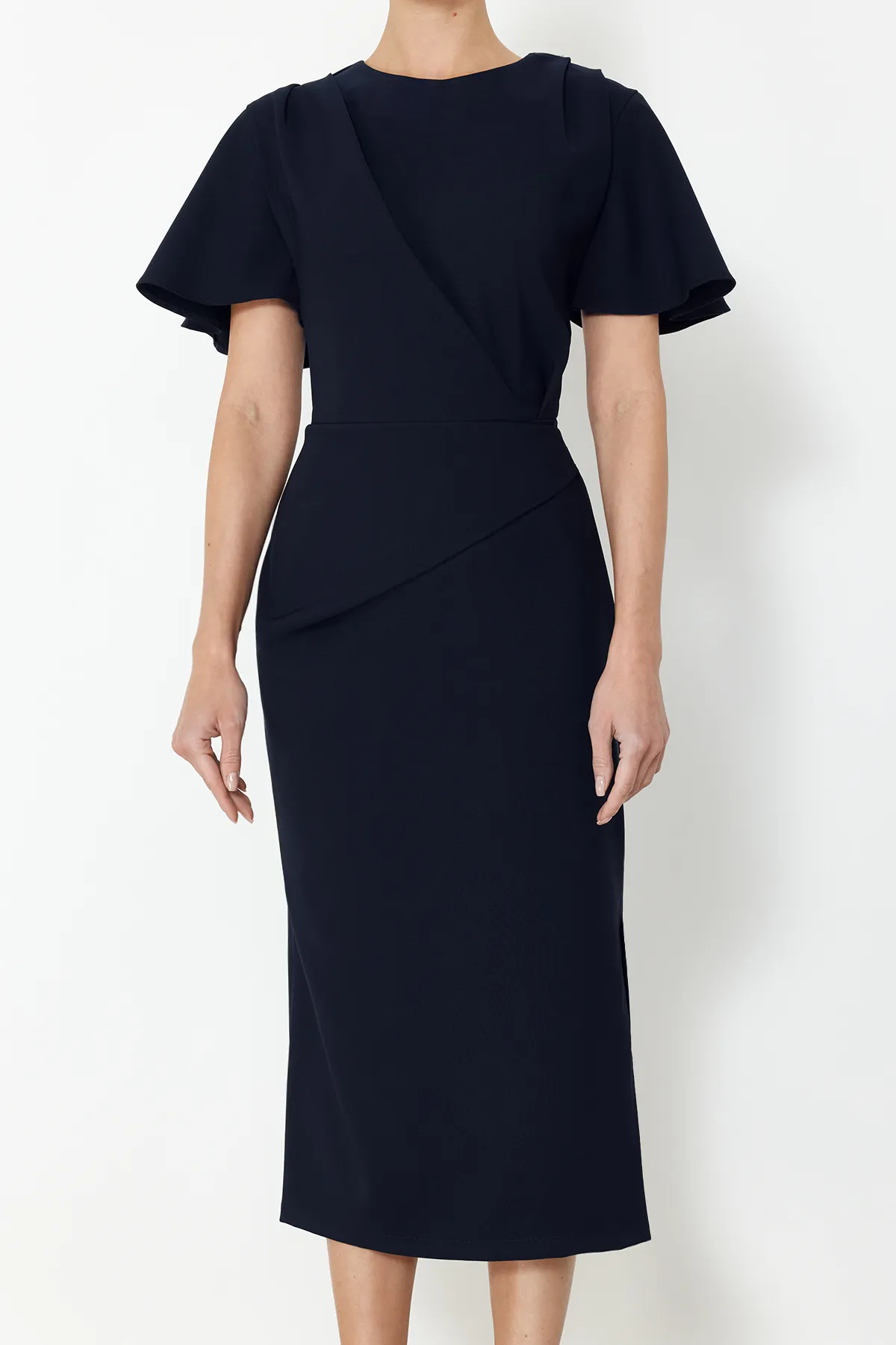 Trendyol Collection  Marineblaues, gerade geschnittenes, gerafftes Midikleid aus Webstoff TWOSS24EL00713