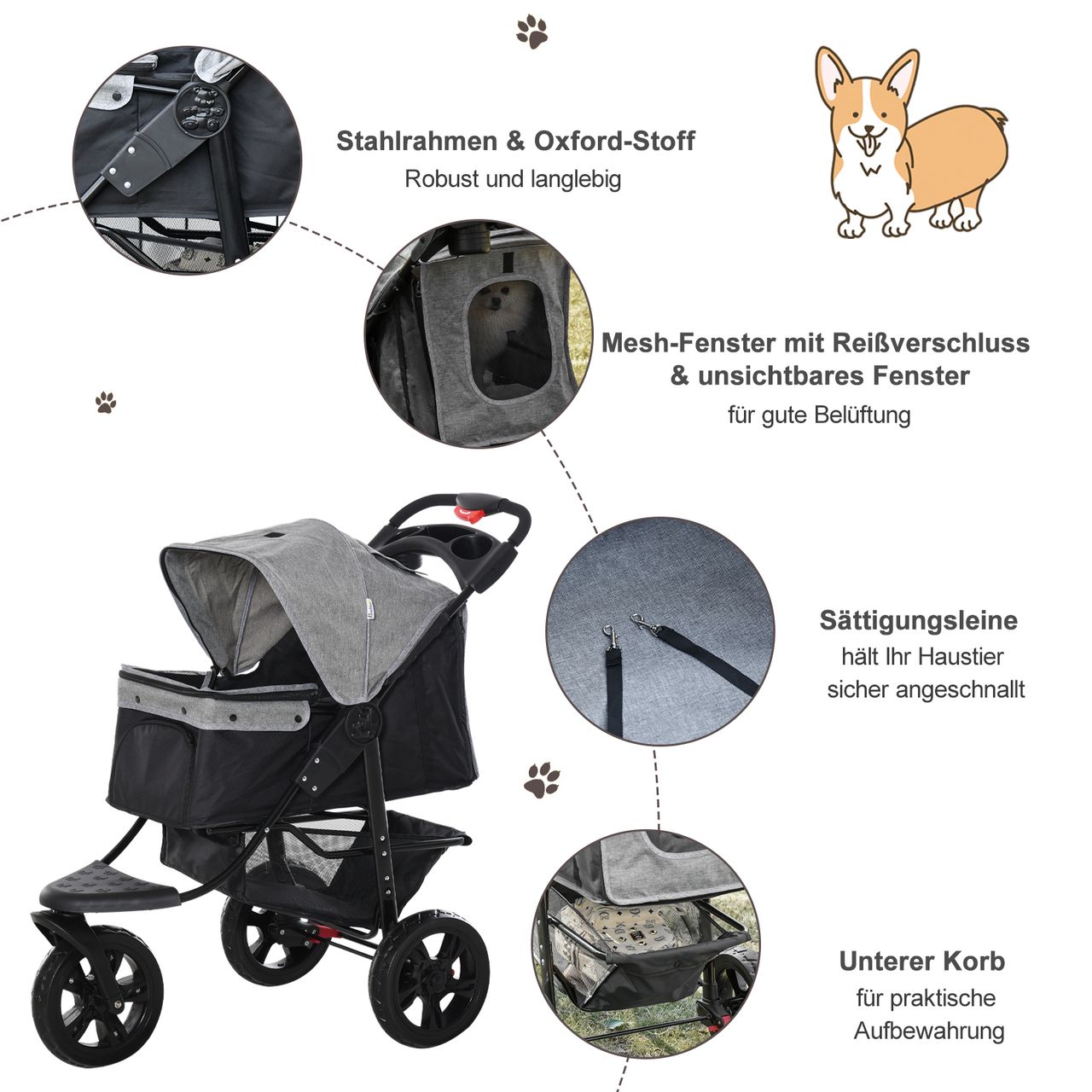 PawHut Hundewagen Hundebuggy Katzen Pet Stroller mit 3 Rädern klappbar Grau
