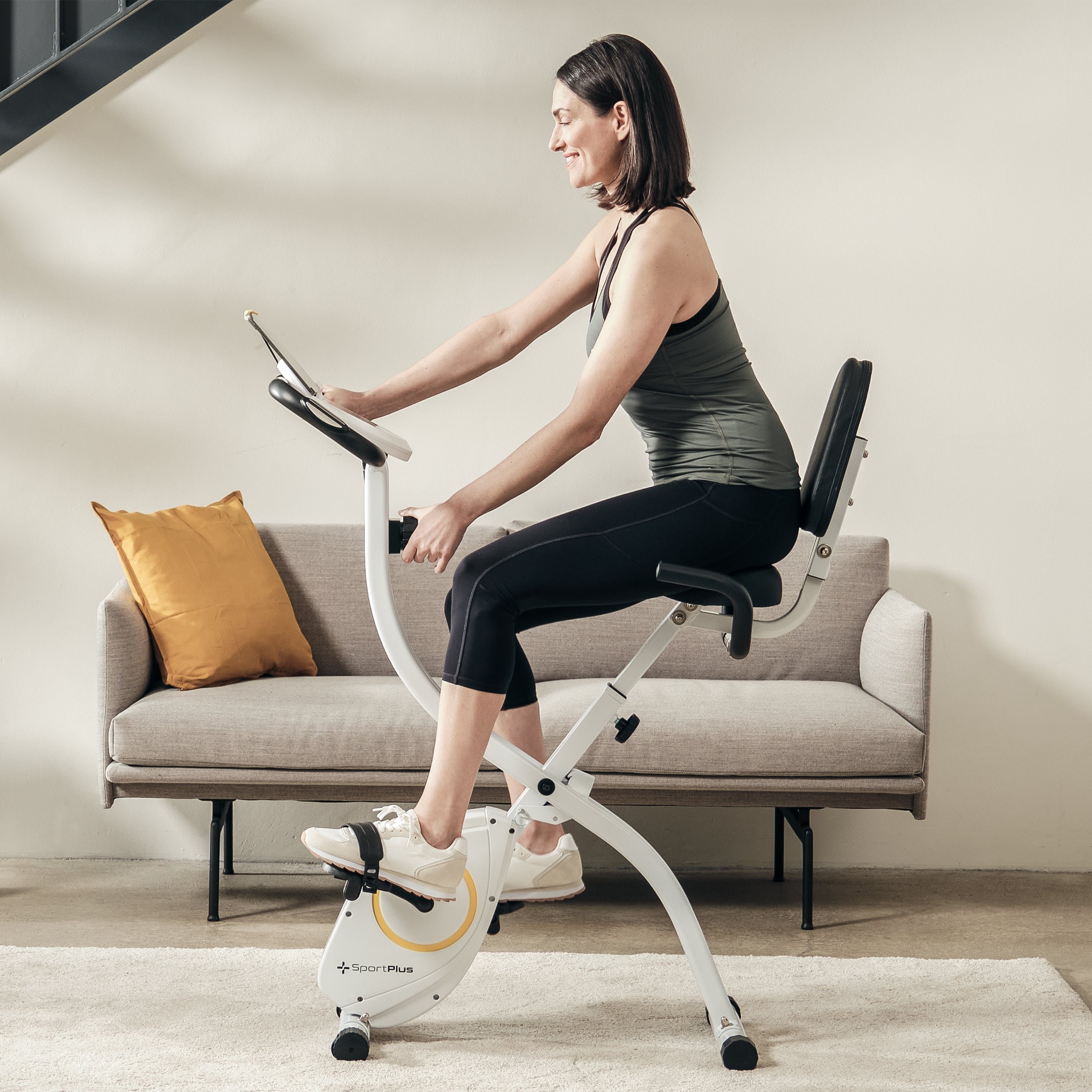 SportPlus Heimtrainer SP-HT-1300-W-iE, Heimtrainer, X-Bike, klappbar für Zuhause, Rückenlehne, 8 Stufen