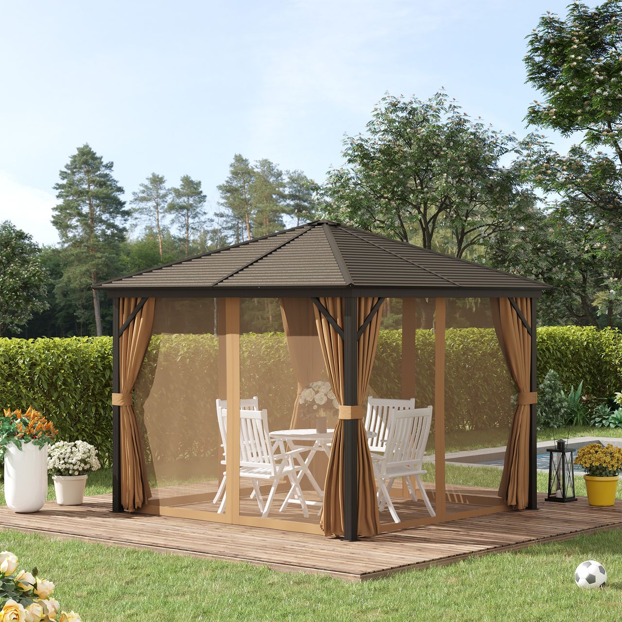 Outsunny Gartenpavillon Pavillon Partyzelt 4 x Doppel-Seitenwänden Hellbraun