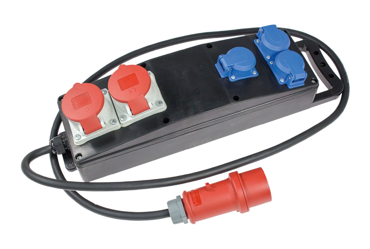 Distribuidor de potencia Schwabe 60560 CEE, caucho sólido S4, 400 V/16 A, IP44, 5 vías, H07RN-F, 5x2,5, 2 m