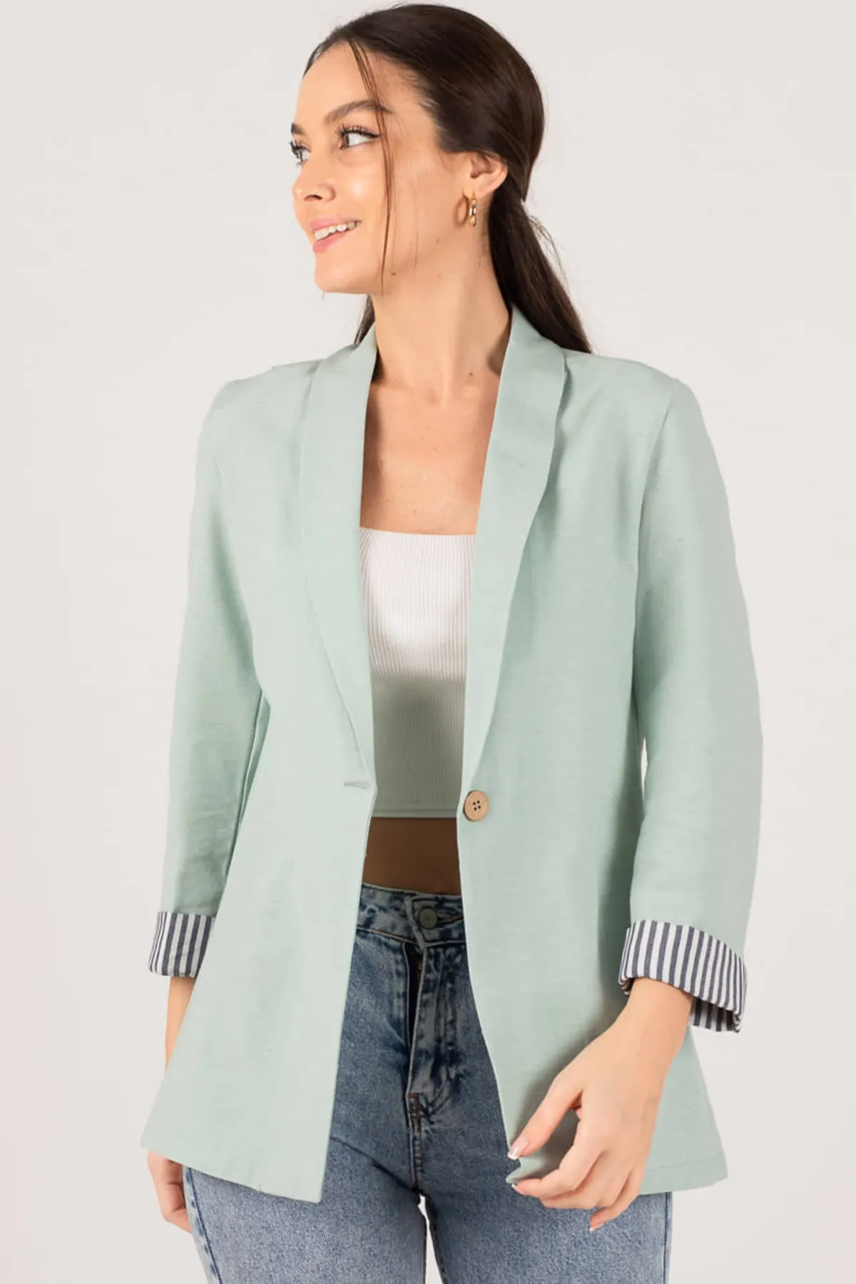 armonika  Gestreifte Jacke mit einem Knopf für Damen in Mintgrün, ARM-22K001122