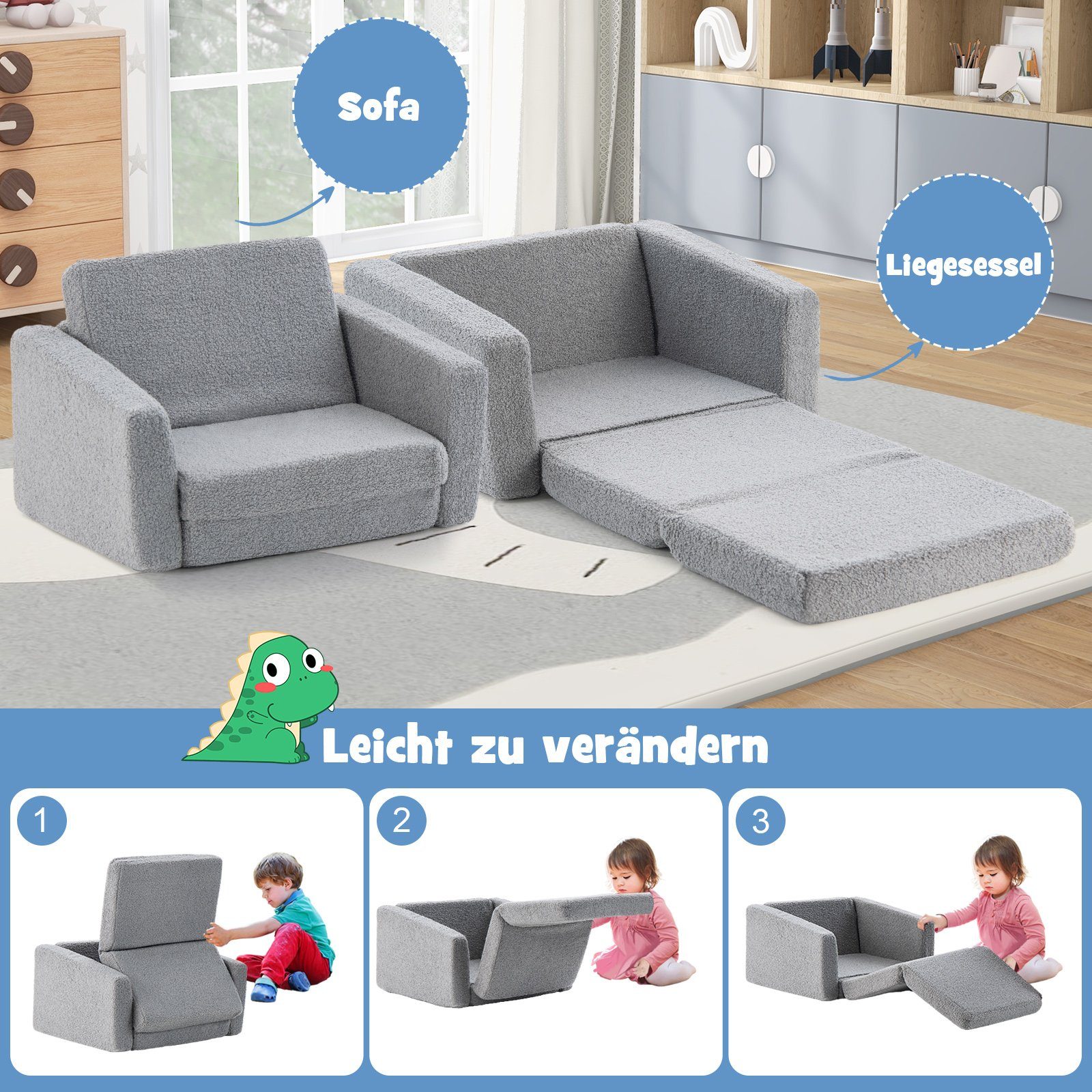 COSTWAY Kindersofa 2 in 1 Schlafsofa, klappbar, 60 x 43 x 40cm