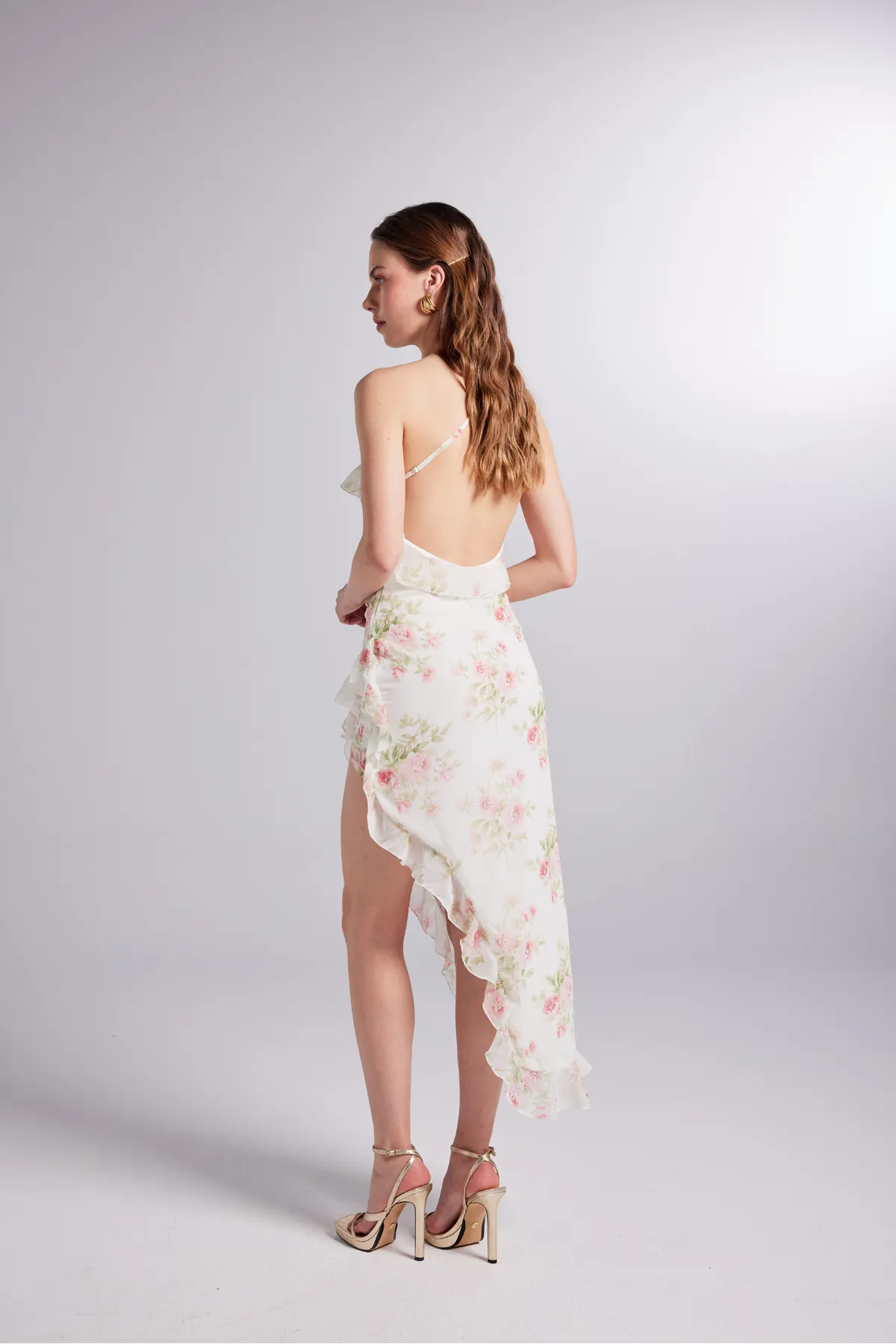 HOLLY LOLLY  One-Shoulder-Rüschendetailliertes Chiffon-Amourous-Kleid Ecru
