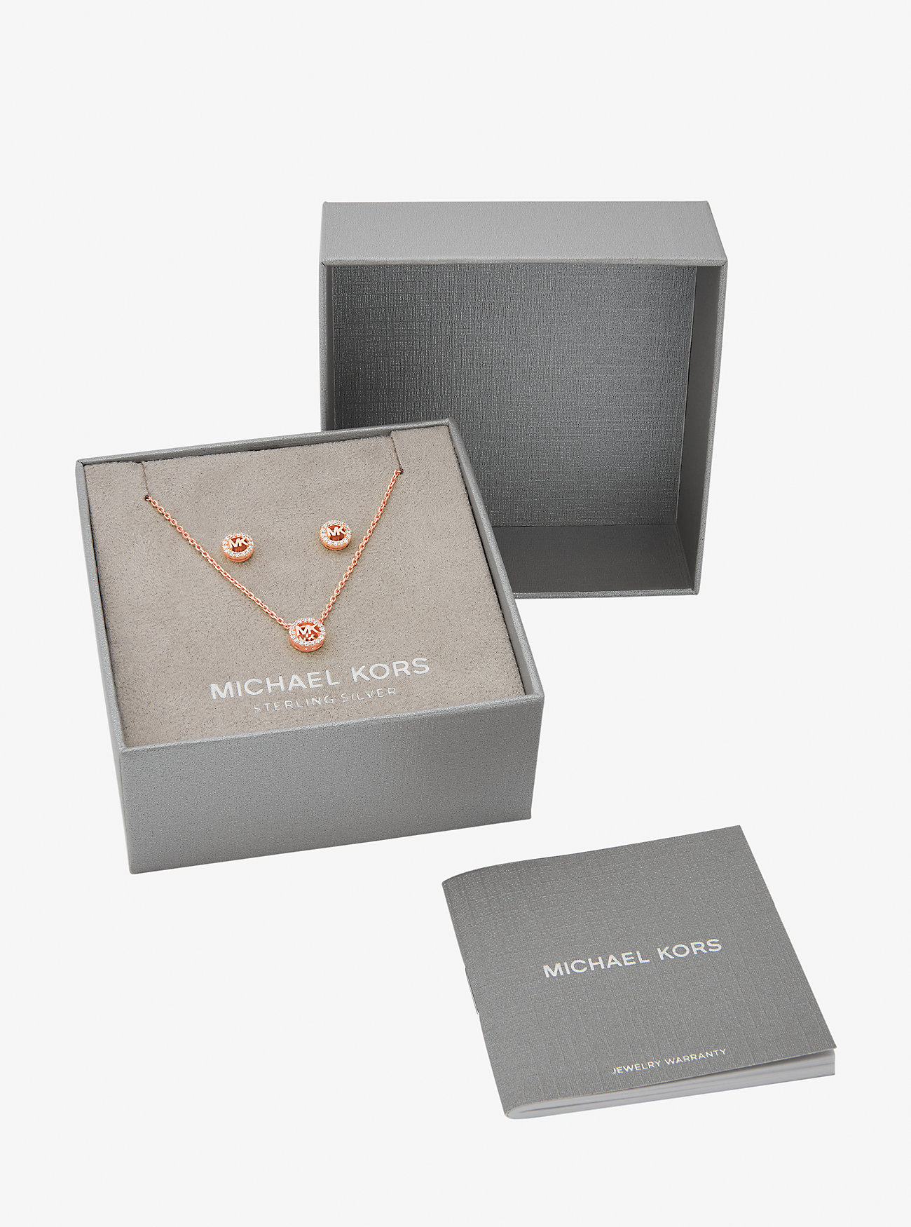 Fulton gavesett med halskjede og øredobber i sterlingsølv med pavé-logo og belagt edelmetall – roségull