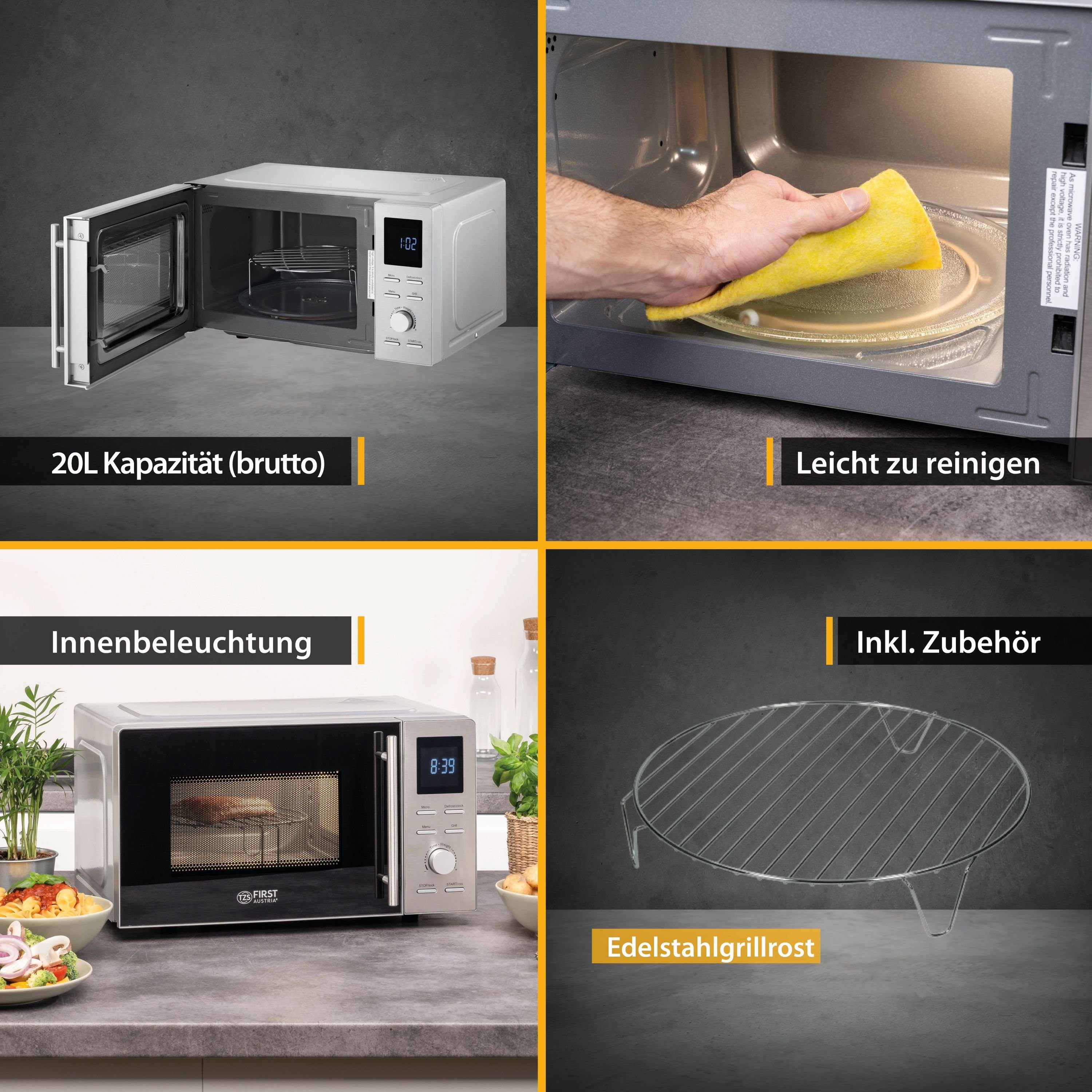TZS FIRST AUSTRIA Mikrowelle mit Grillfunktion, 20L, Edelstahl, Schnellstart, 1100W, Mikrowelle mit Grill / Solo Betrieb, 14 l, 8 Automatikprogramme, Kindersicherung, 2in1 Mikrowelle