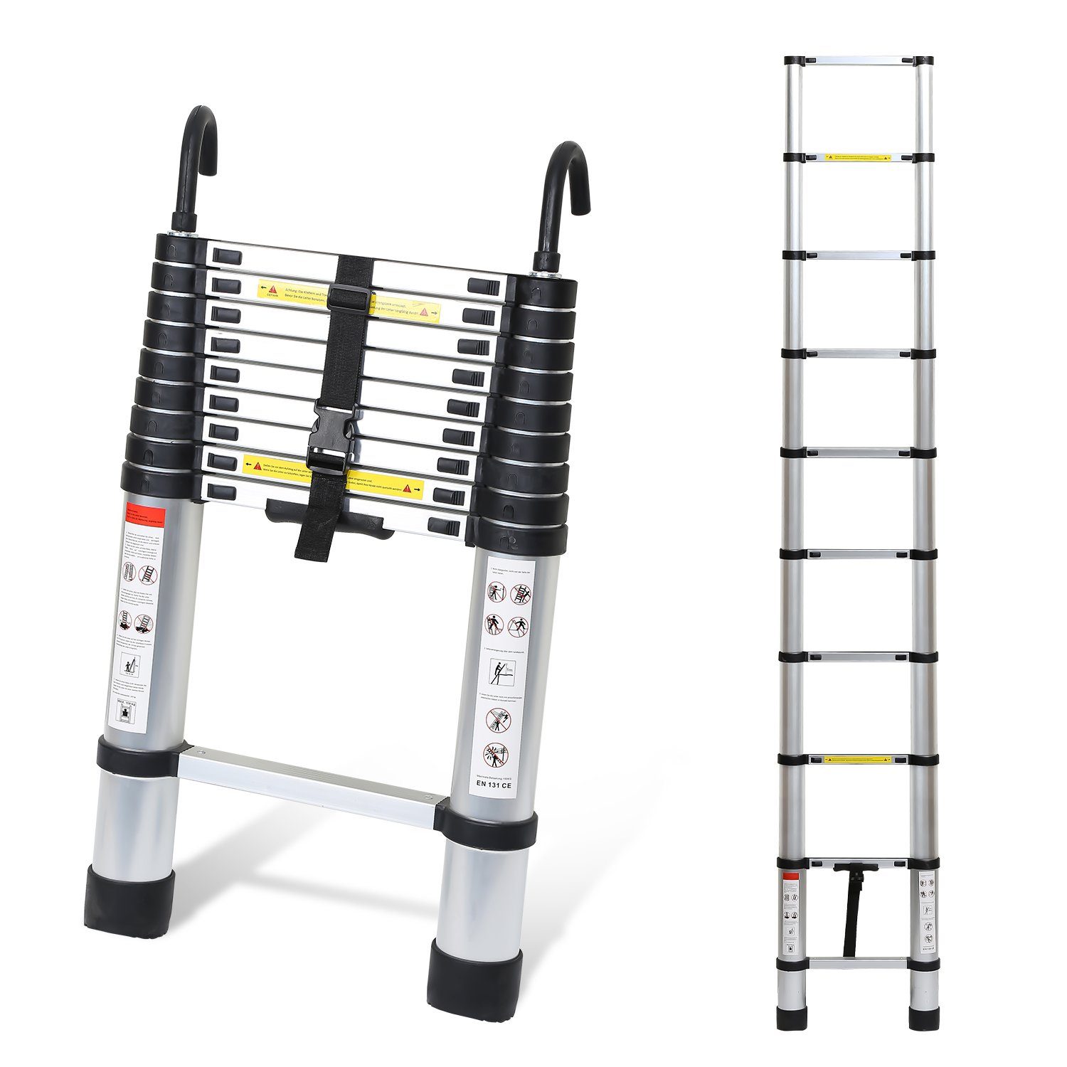 Yakimz Teleskopleiter Teleskopleiter Alu 2.6m Ausziehleiter Anlegeleiter mit haken Silber