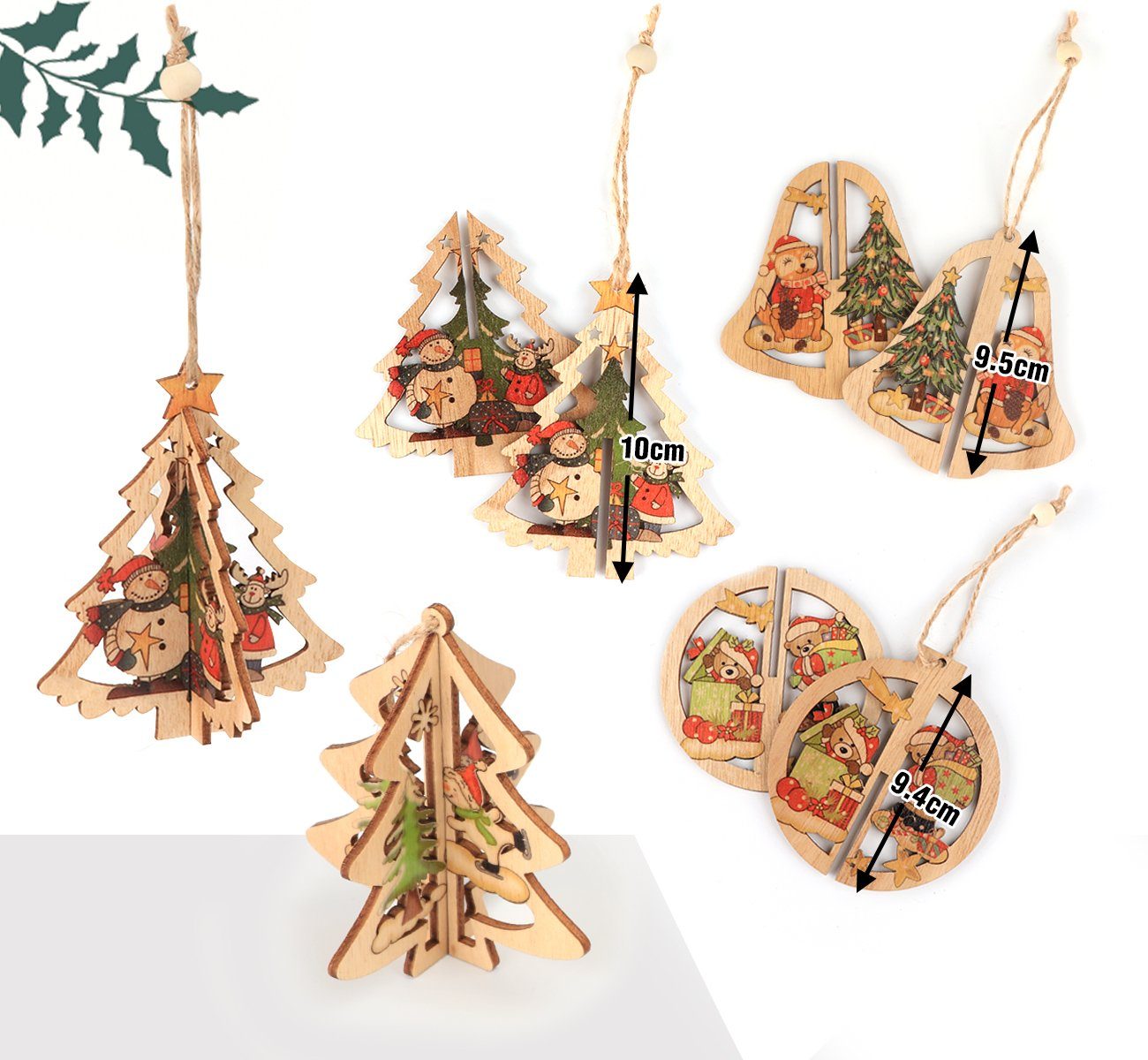 Homewit Christbaumschmuck 3D Weihnachtsbaumschmuck Weihnachtsbaum Holz Anhänger Dekoration (6-tlg), Holz Ornamenten für Weihnachtsbaum Weihnachtsmann Weihnachtsglocken