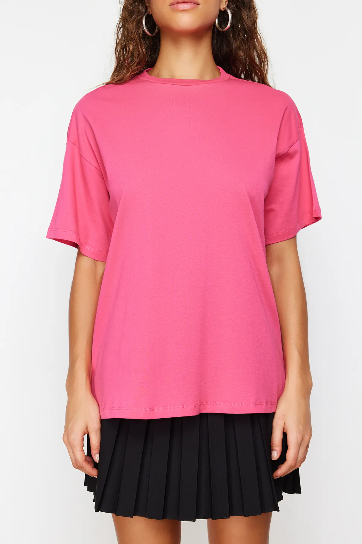 Trendyol Collection  Fuchsia, 100 % Baumwolle, Oversize/Weitform, Rundhals-Strick-T-Shirt TWOSS20TS0134