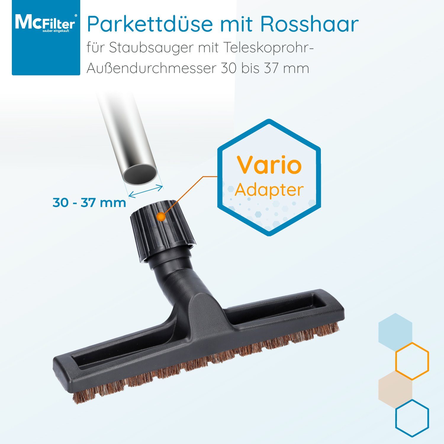McFilter Parkettdüse Universal mit Vario-Anschluss, Zubehör für alle Staubsauger mit Saugrohranschluss (30-37 mm), (1-tlg), mit 2 Bürsten, Rosshaar, 2 Filzlaufräder an Unterseite