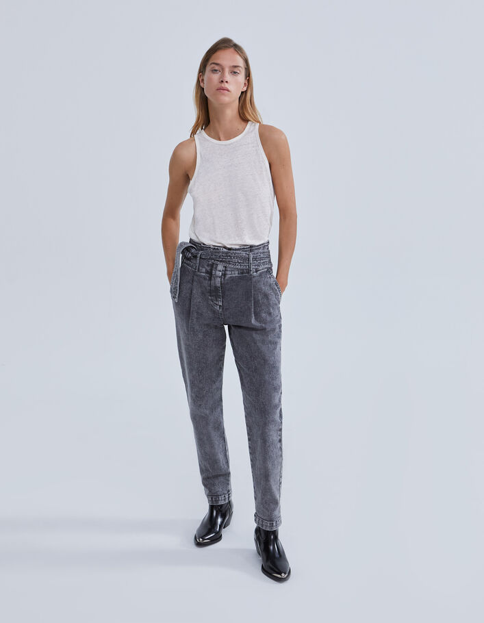 Jean bootcut gris taille haute ceinturée Femme