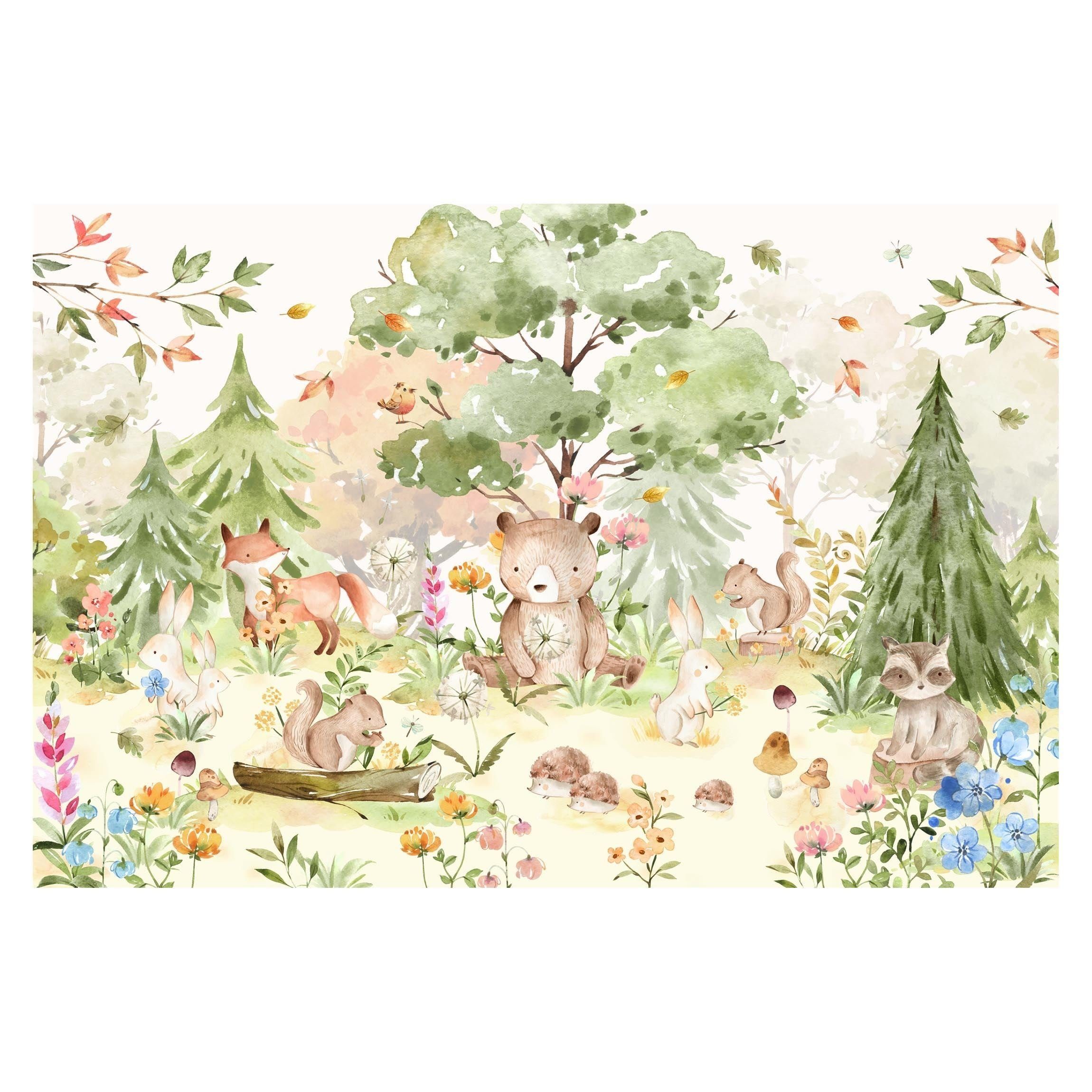 Bilderdepot24 Kindertapete Kinderzimmer Aquarell Waldtiere Bär Fuchs Baum Kinder Wanddeko, Glatt, Matt, (Inklusive Gratis-Kleister oder selbstklebend), Mädchenzimmer Jungenzimmer Babyzimmer Bildtapete Fototapete Wandtapete